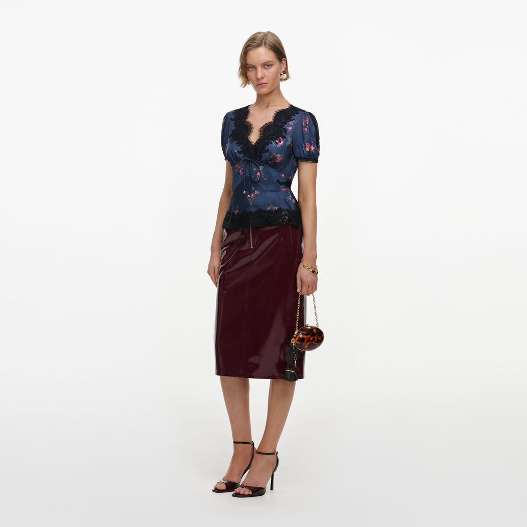 Navy Satin Printed Lace Top