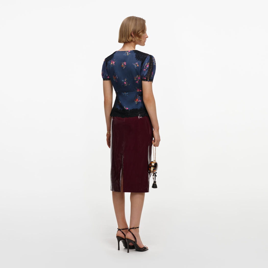 Navy Satin Printed Lace Top