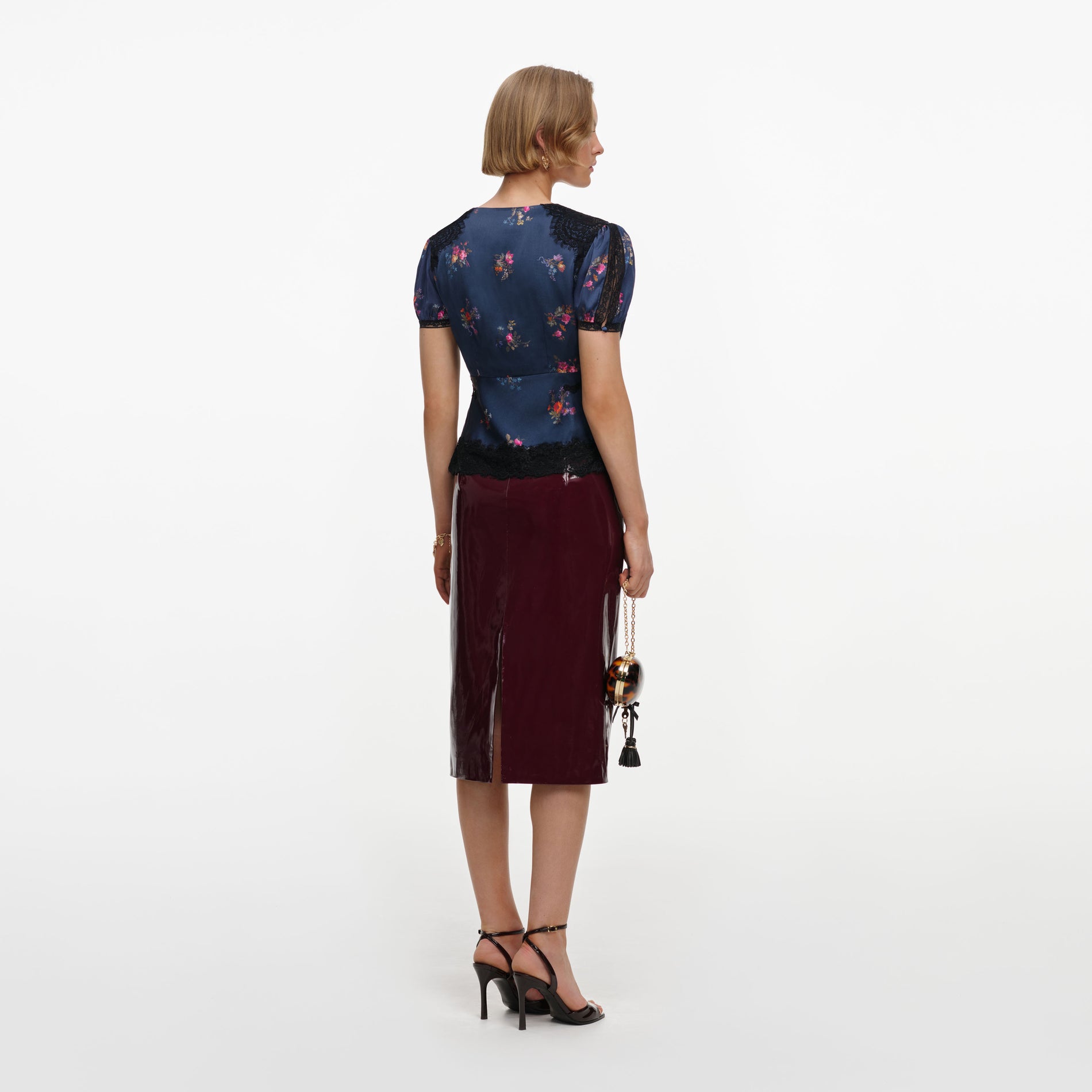 Navy Satin Printed Lace Top