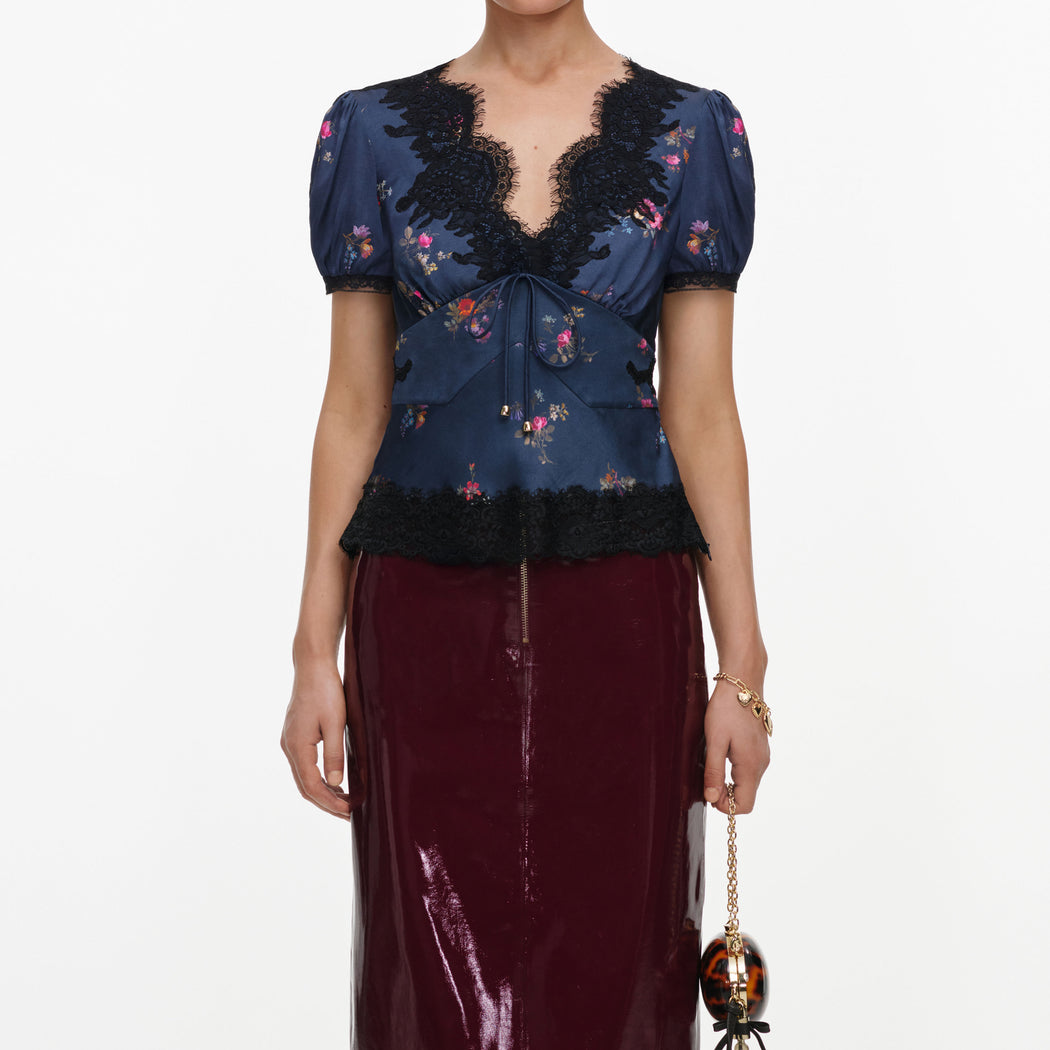 Navy Satin Printed Lace Top