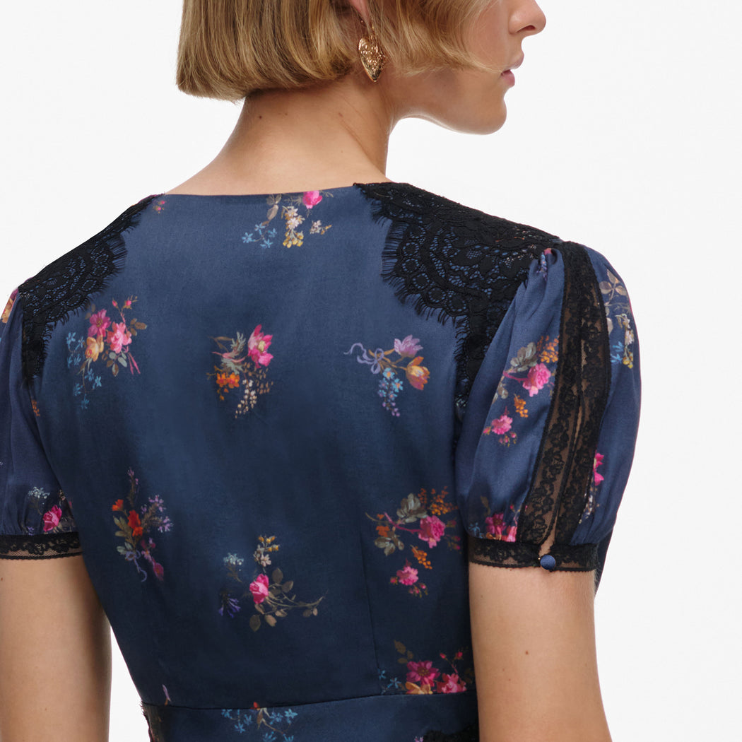 Navy Satin Printed Lace Top