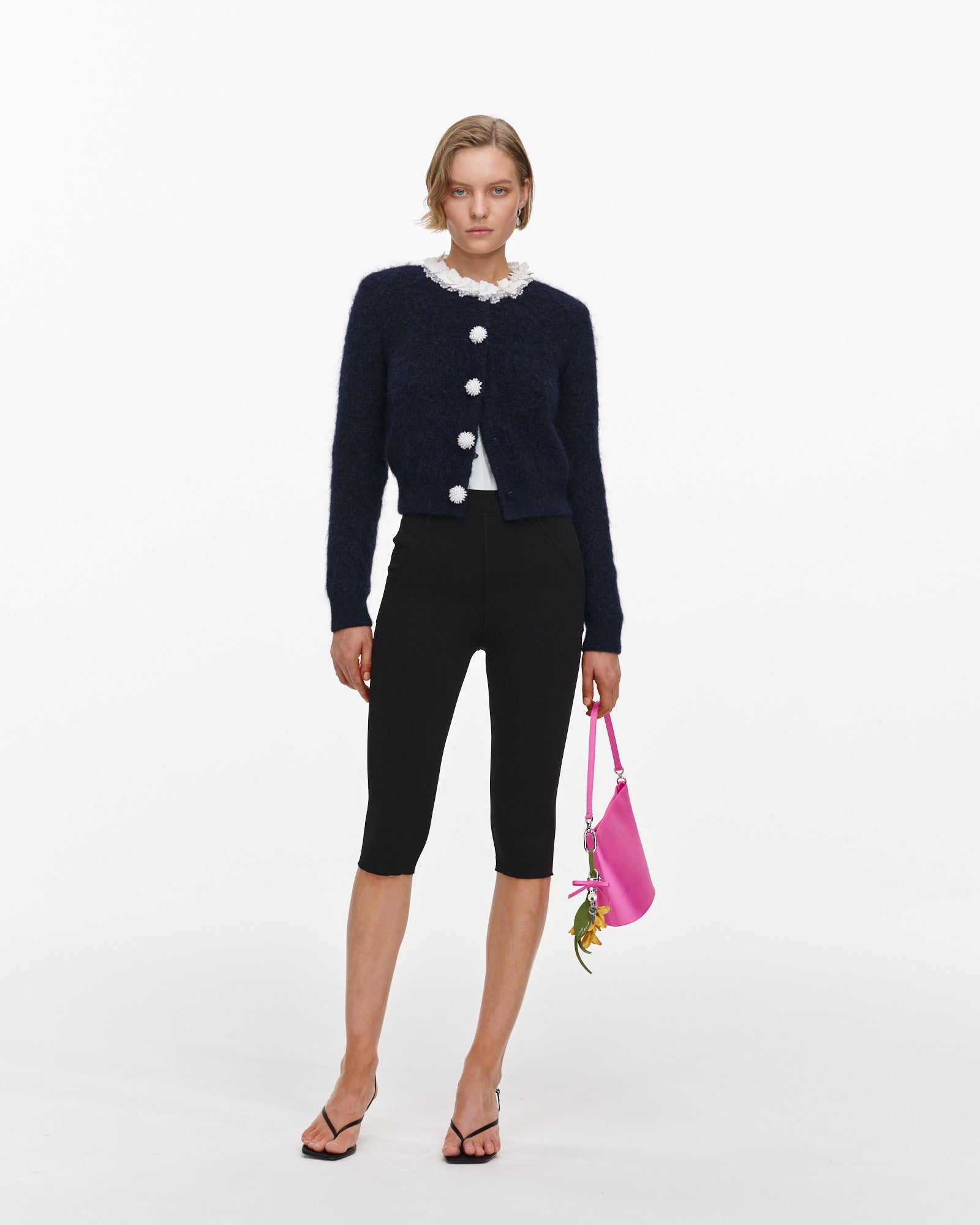 Navy Flower Pearl Trim Knit Jumper