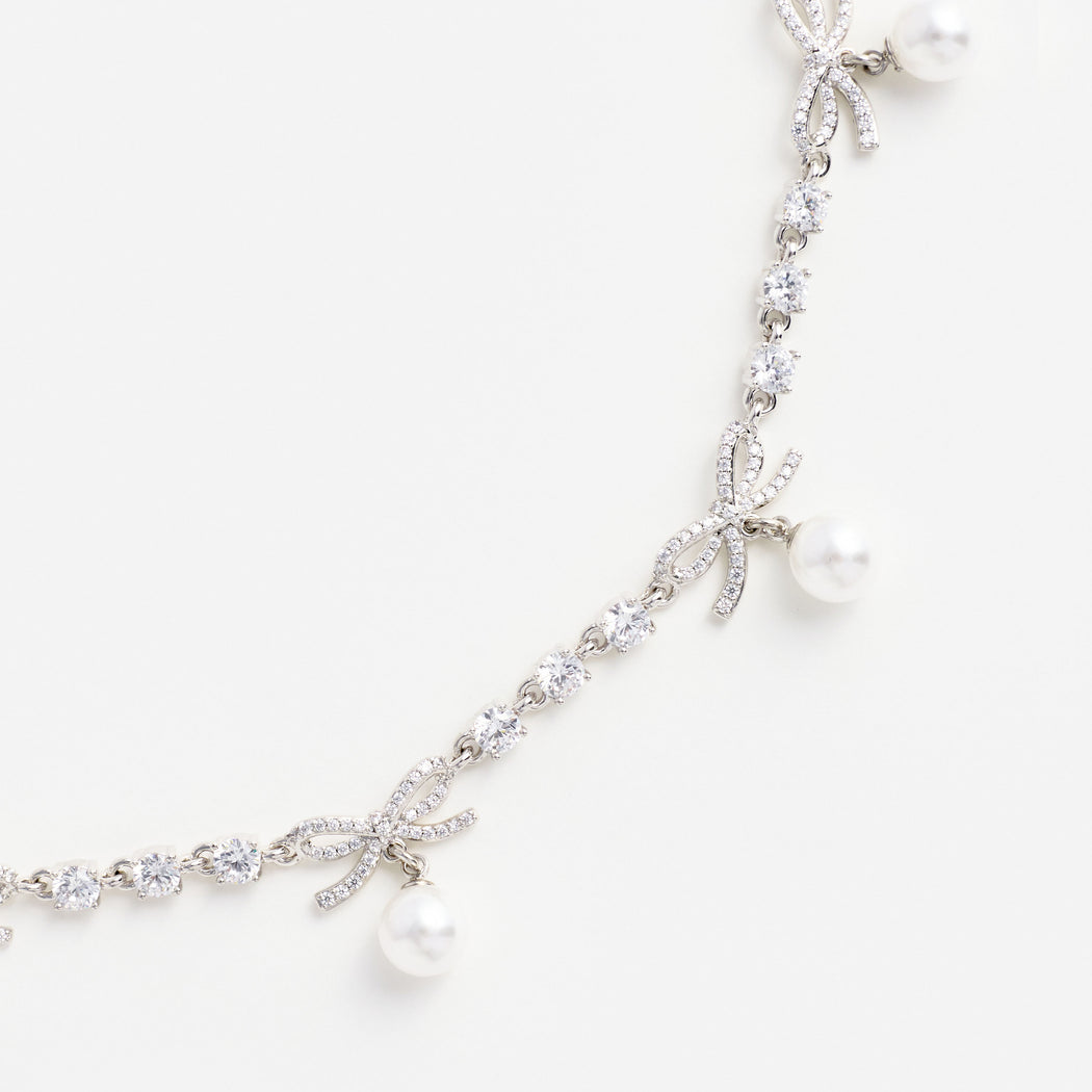 Crystal Bow Pearl Charm Necklace