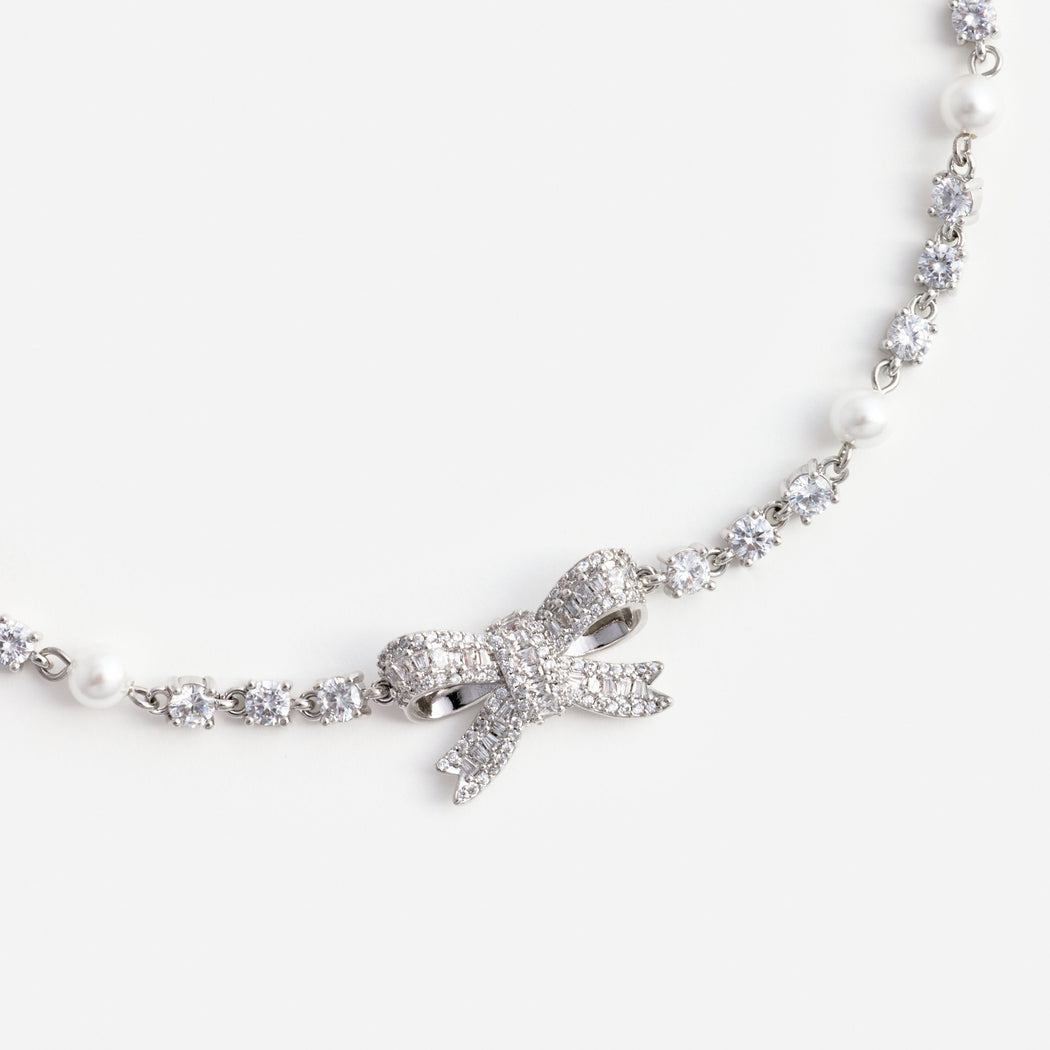 Crystal Pearl Bow Necklace
