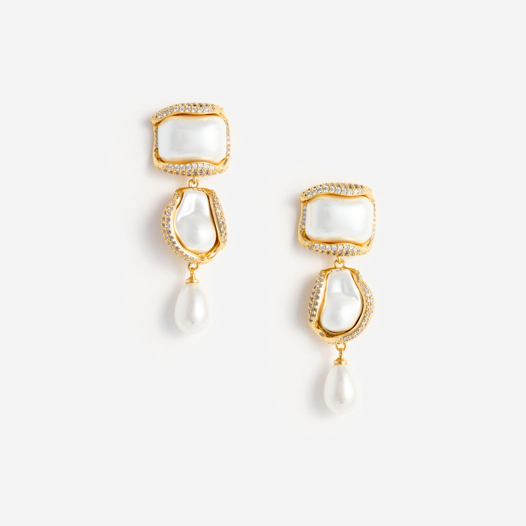 Gold Crystal Pearl Tiered Earring