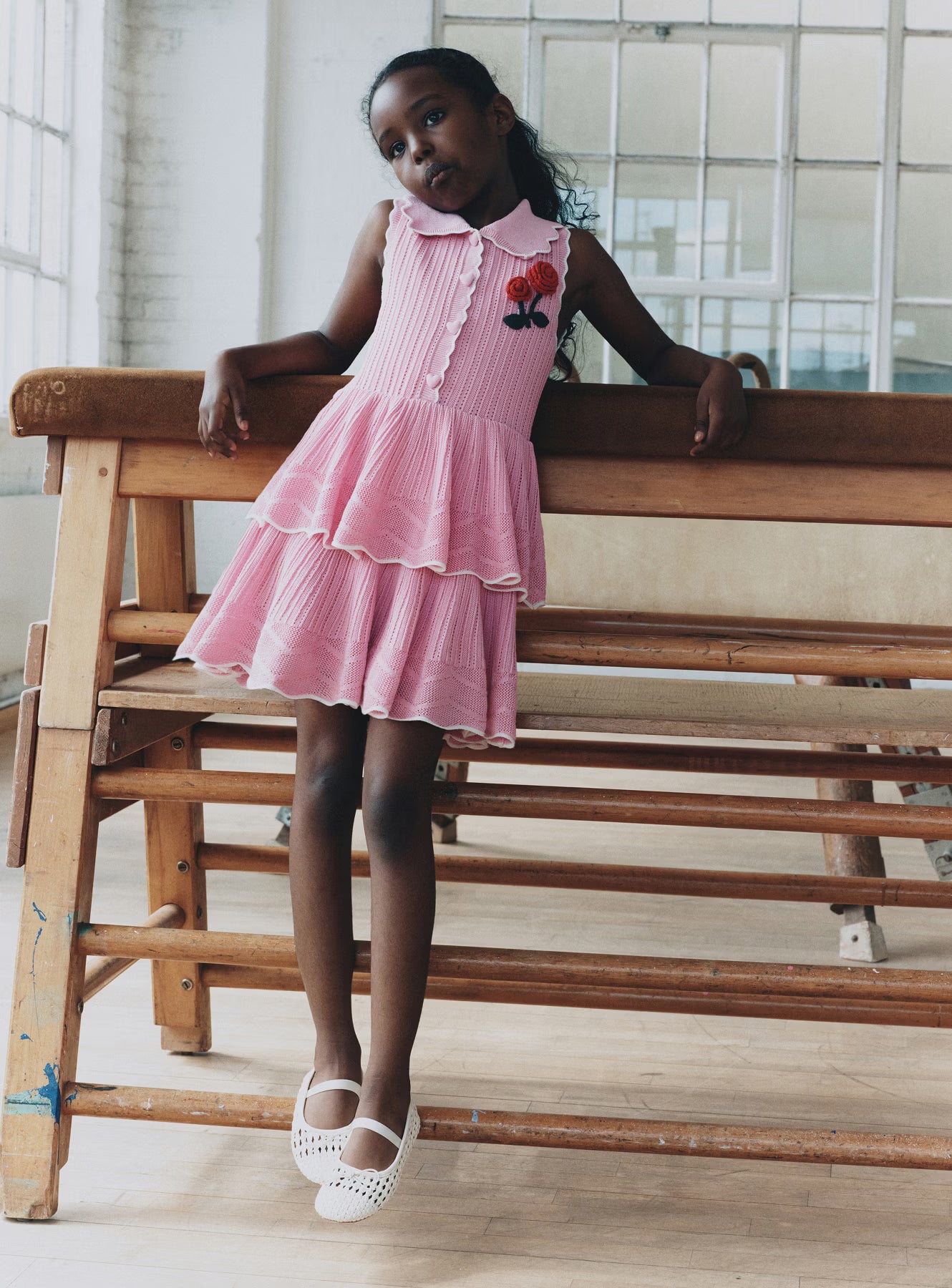 Pink Tiered Pointelle Knit Dress