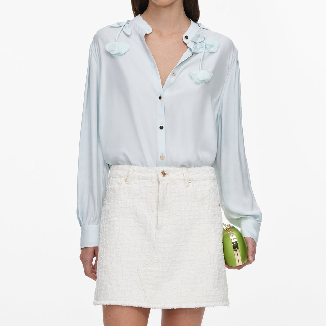 Cream Textured Denim Mini Skirt