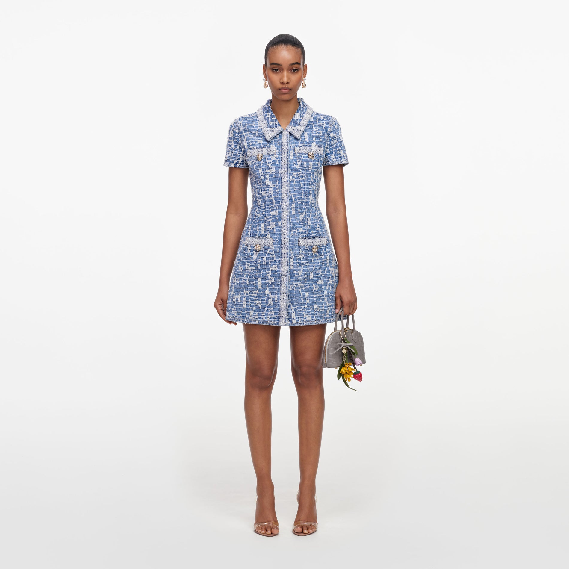 Blue Collared Textured Denim Mini Dress