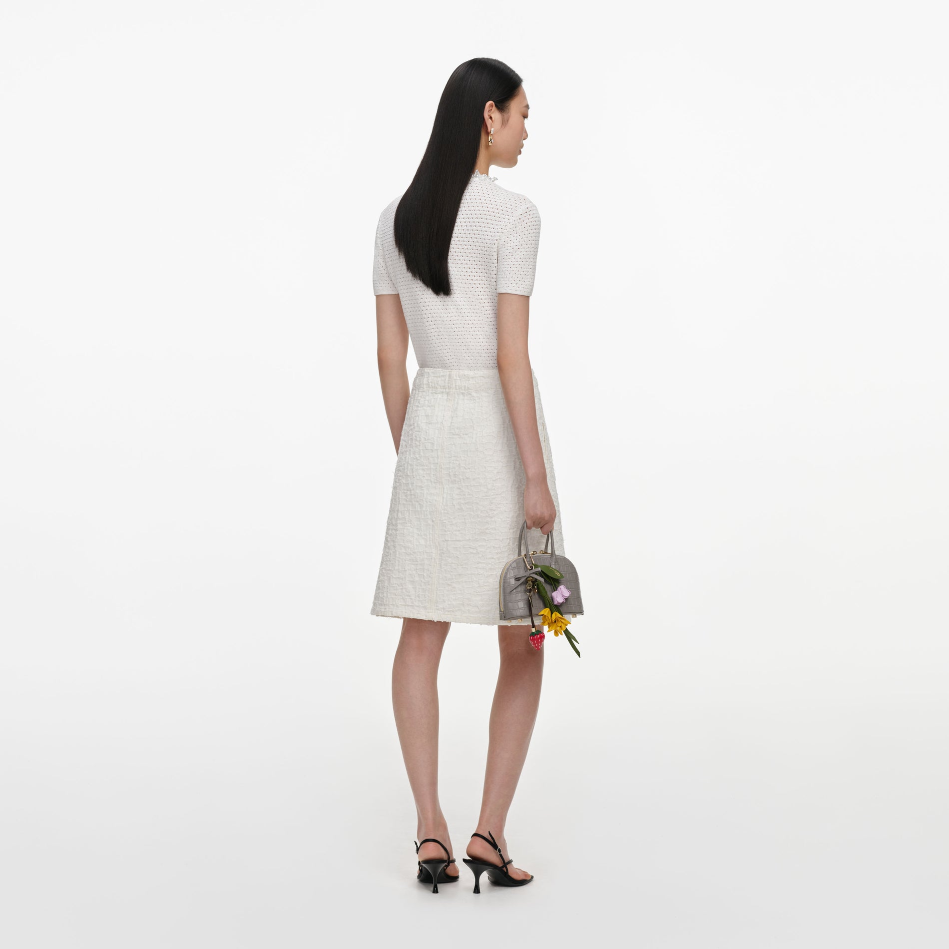 Cream Textured Denim Midi Skirt