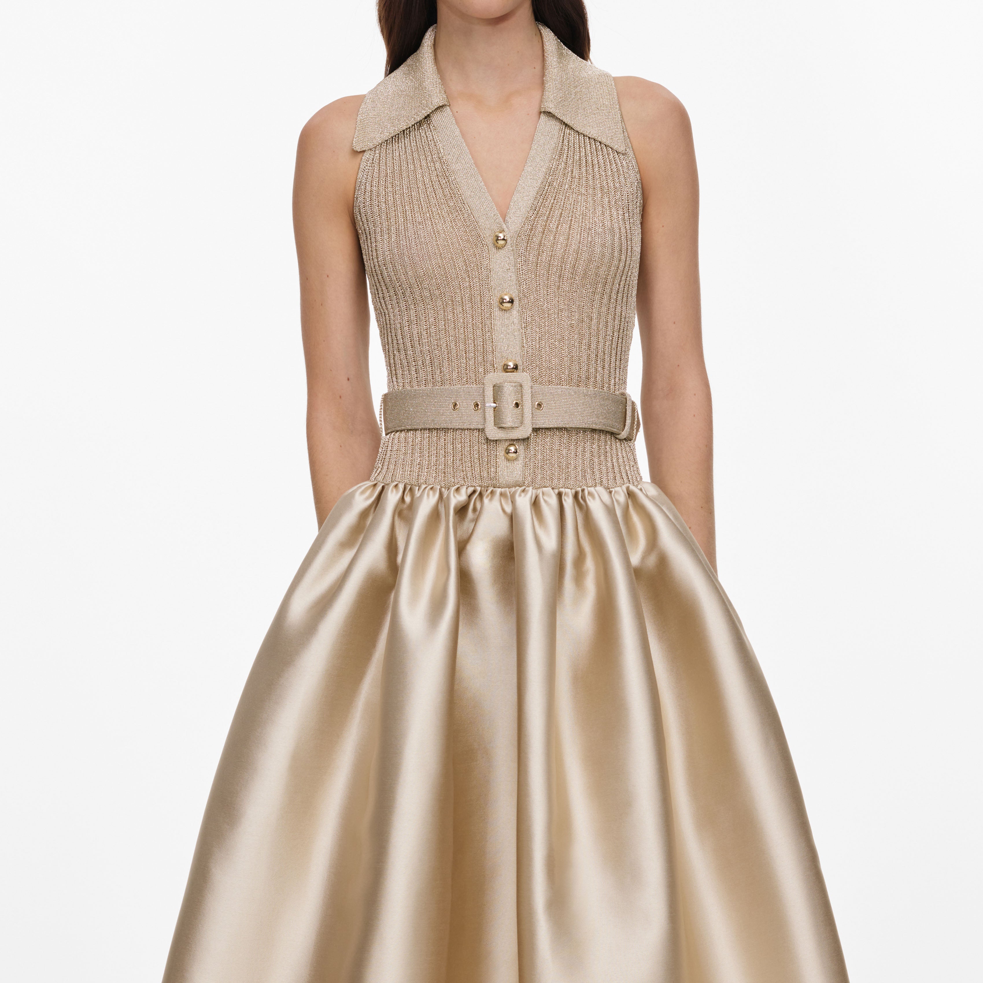 Gold Sleeveless Knit Taffeta Midi Dress