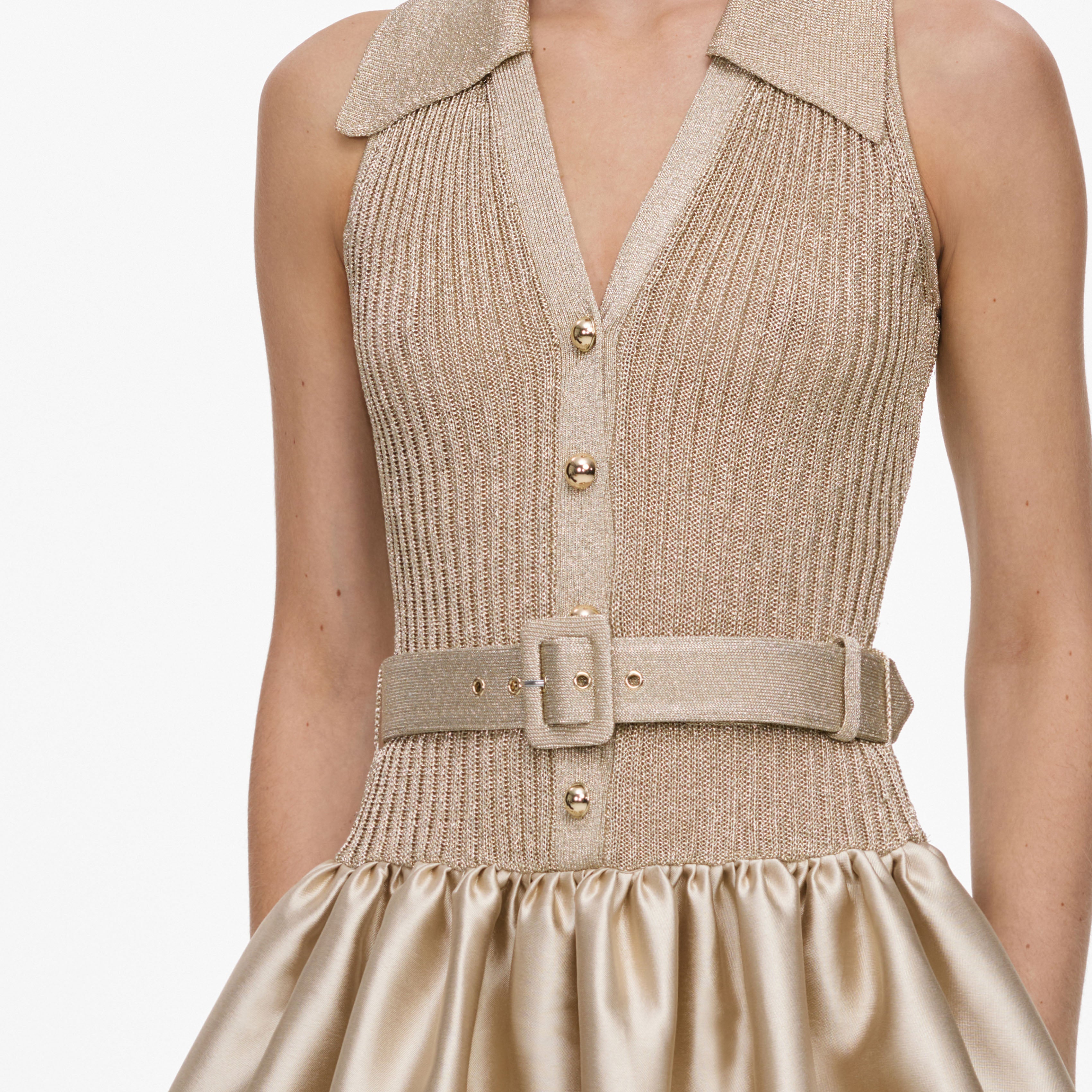 Gold Sleeveless Knit Taffeta Midi Dress