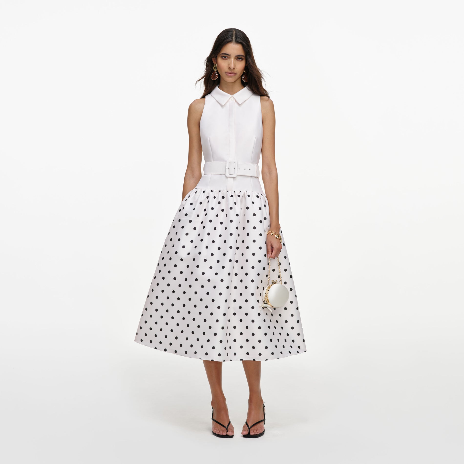 Off White Sleeveless Polka Dot Midi Dress