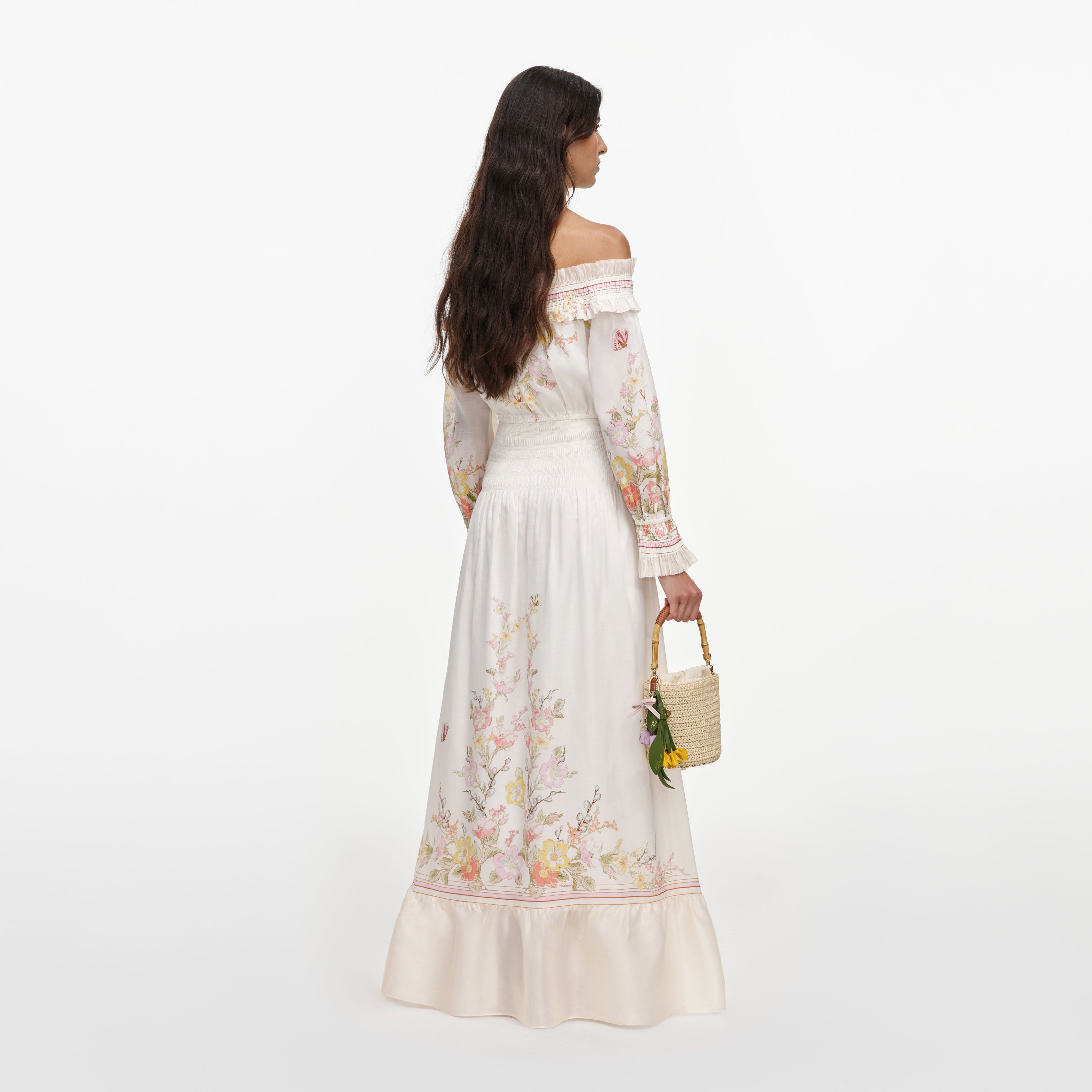 Cream Floral Organza Ruffle Maxi Dress