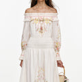 Cream Floral Organza Ruffle Maxi Dress
