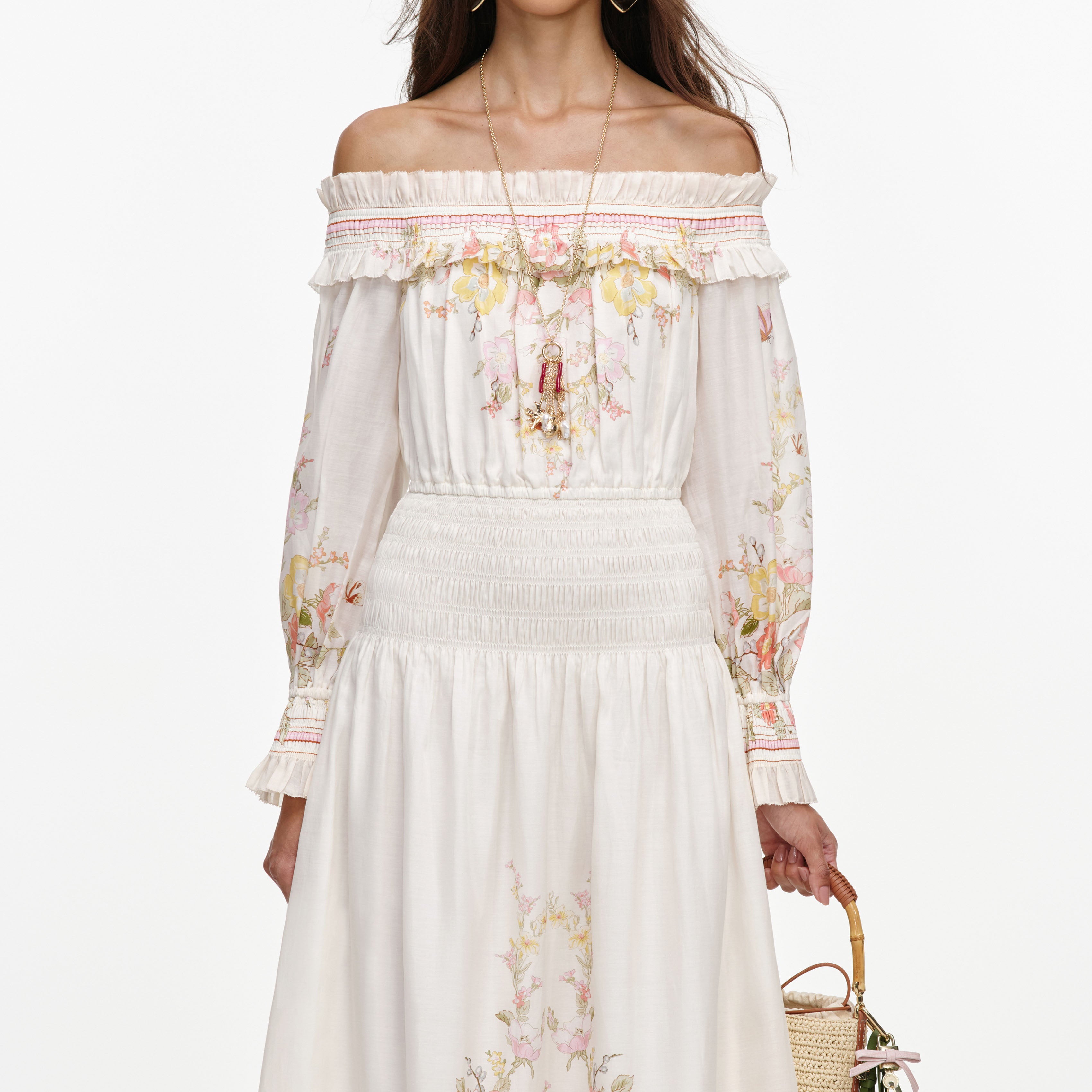 Cream Floral Organza Ruffle Maxi Dress
