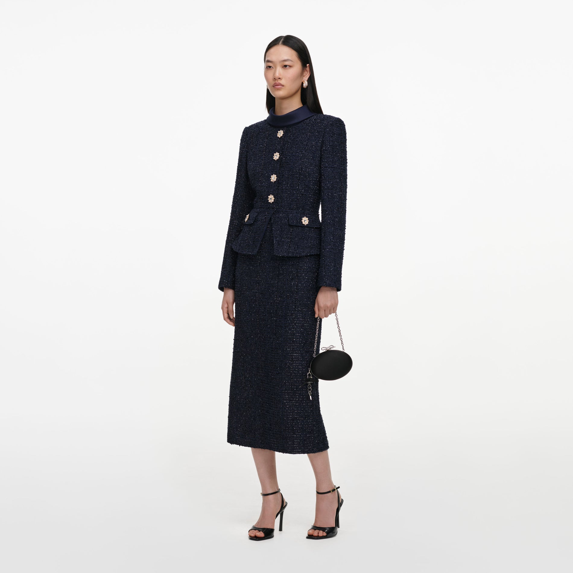 Navy Boucle Tailored Midi Dress