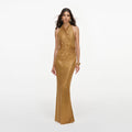 Gold Rhinestone Halter Maxi Dress