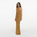 Gold Rhinestone Halter Maxi Dress