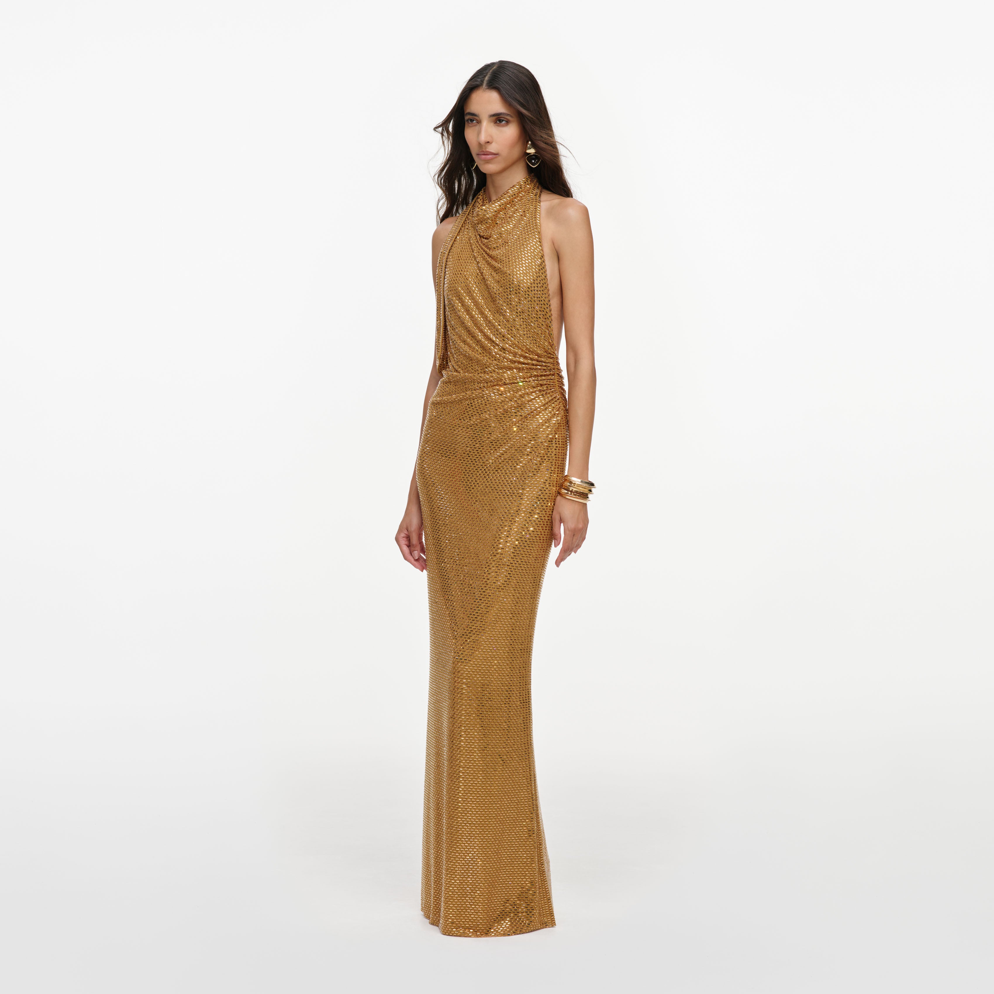 Gold Rhinestone Halter Maxi Dress