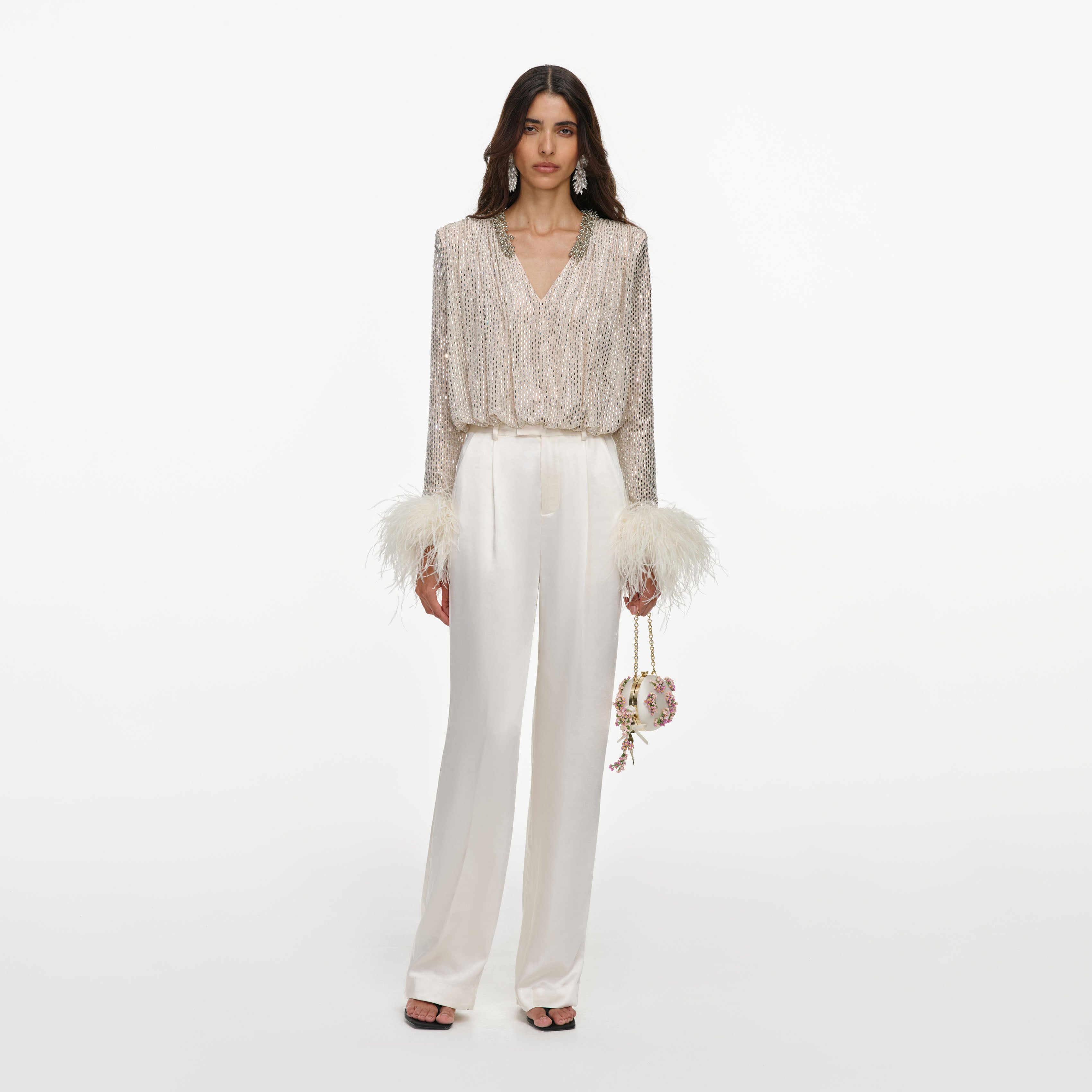 Champagne Rhinestone Embellished Feather Top