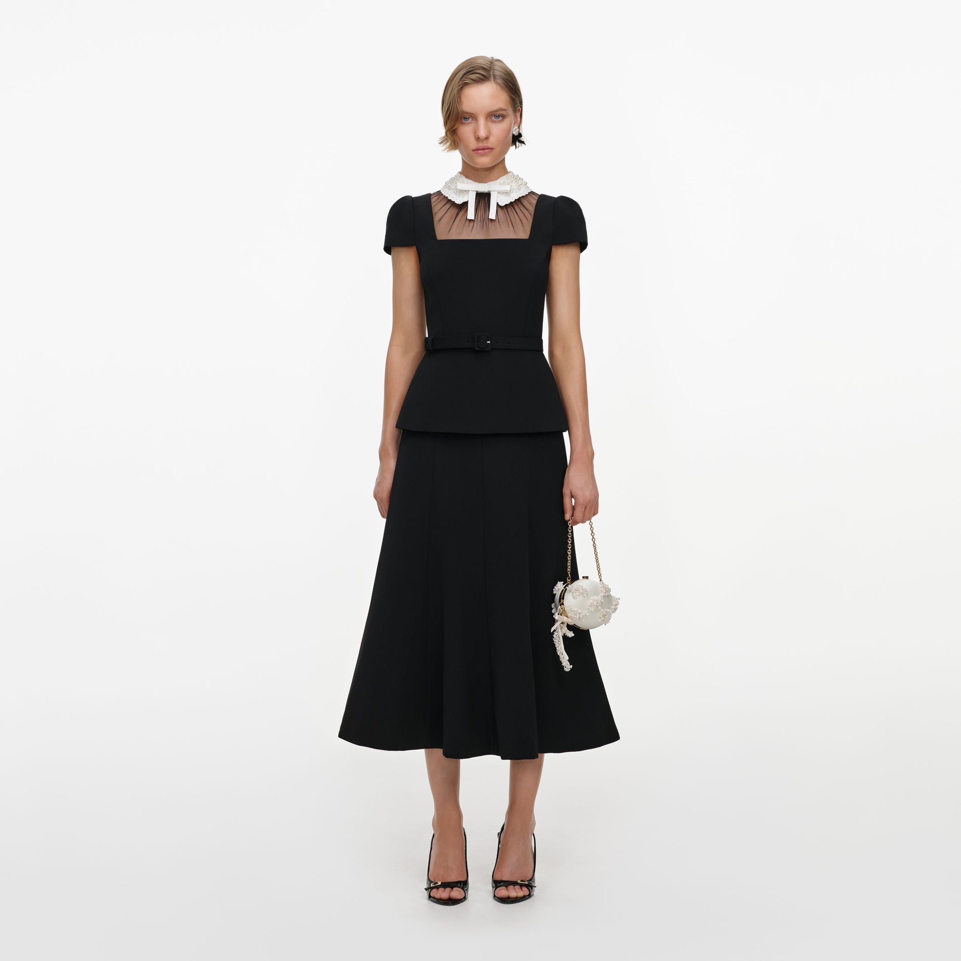 Black Crepe Bow Peplum Midi Dress