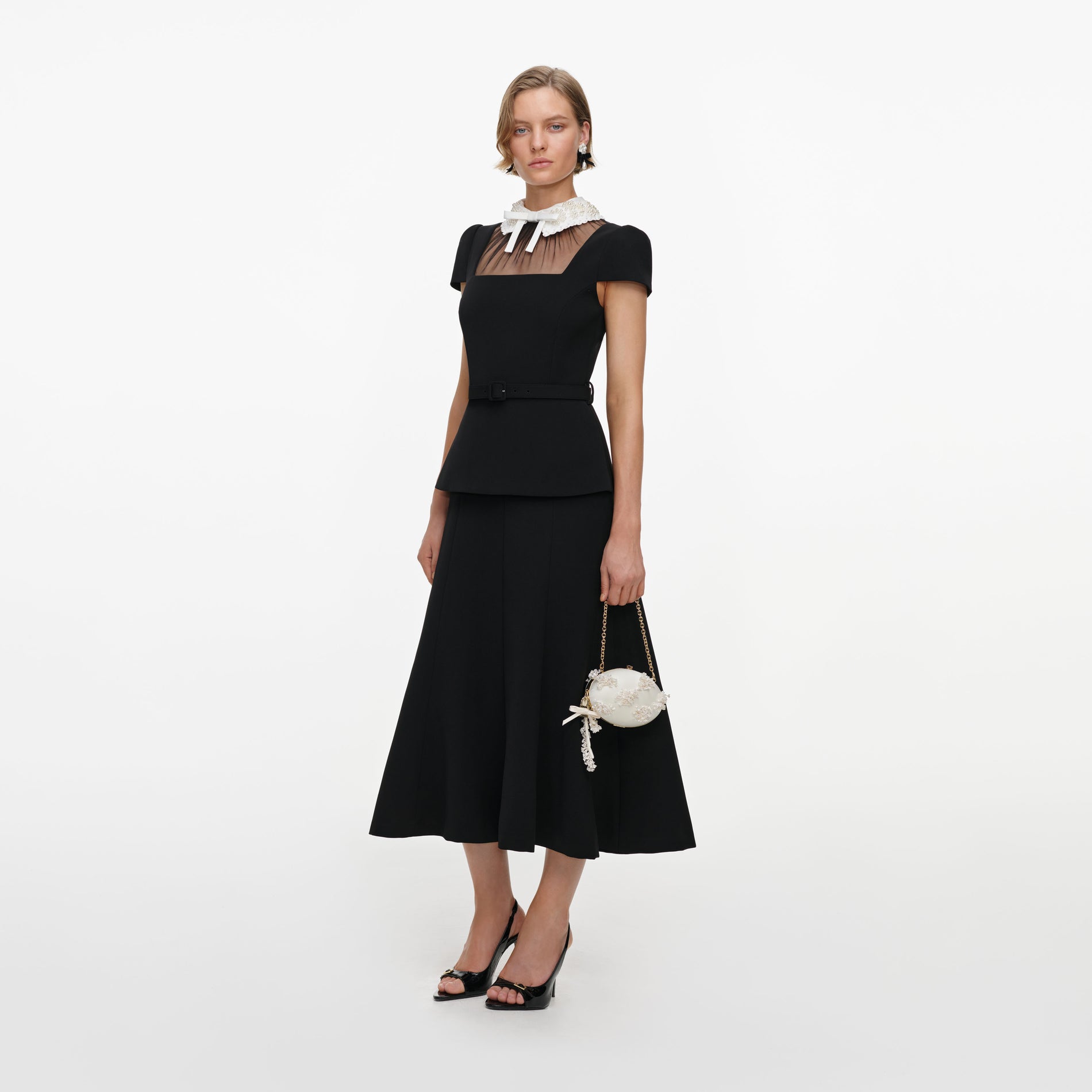 Black Crepe Bow Peplum Midi Dress