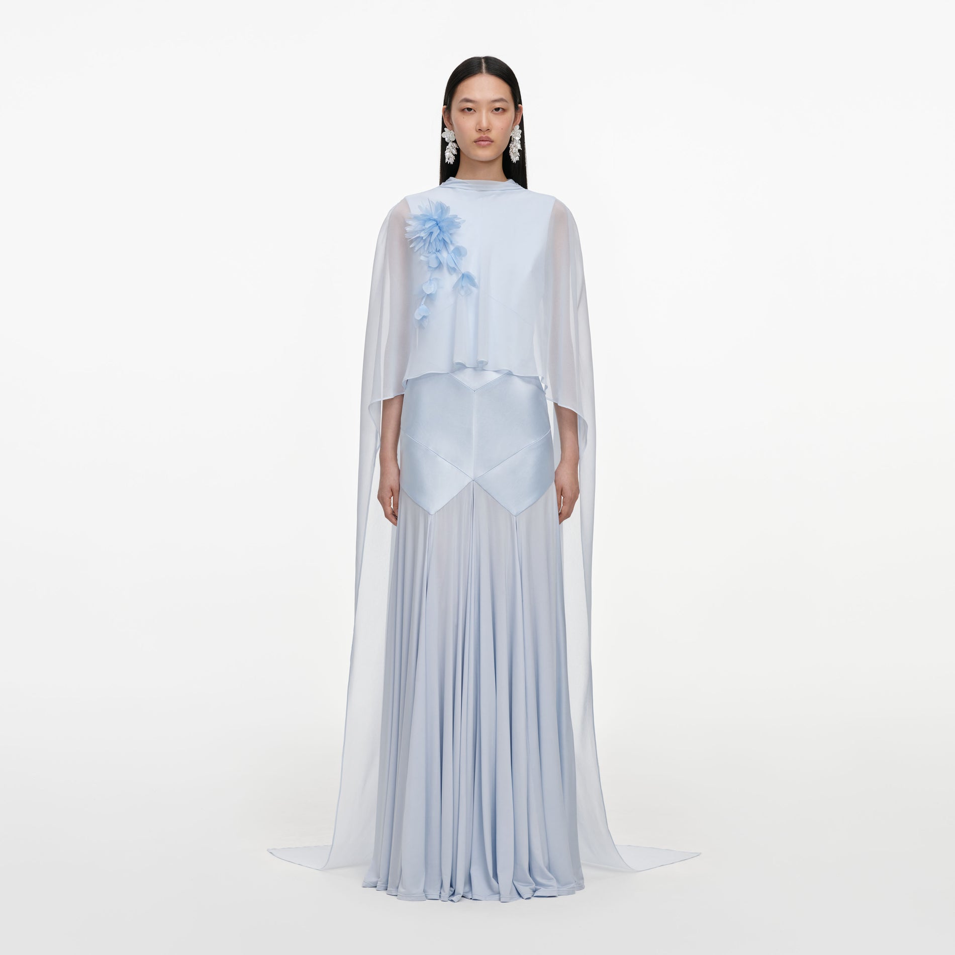 Blue Satin Jersey Cape Maxi Dress