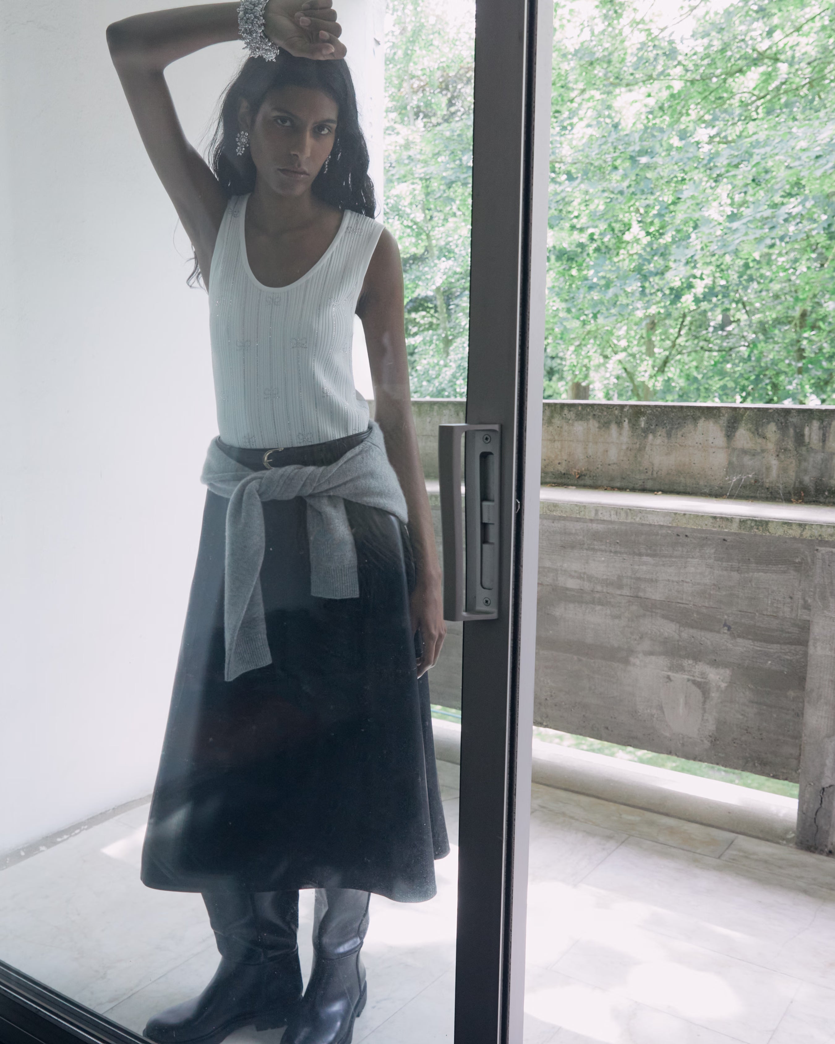 White Rhinestone Striped Knit Top