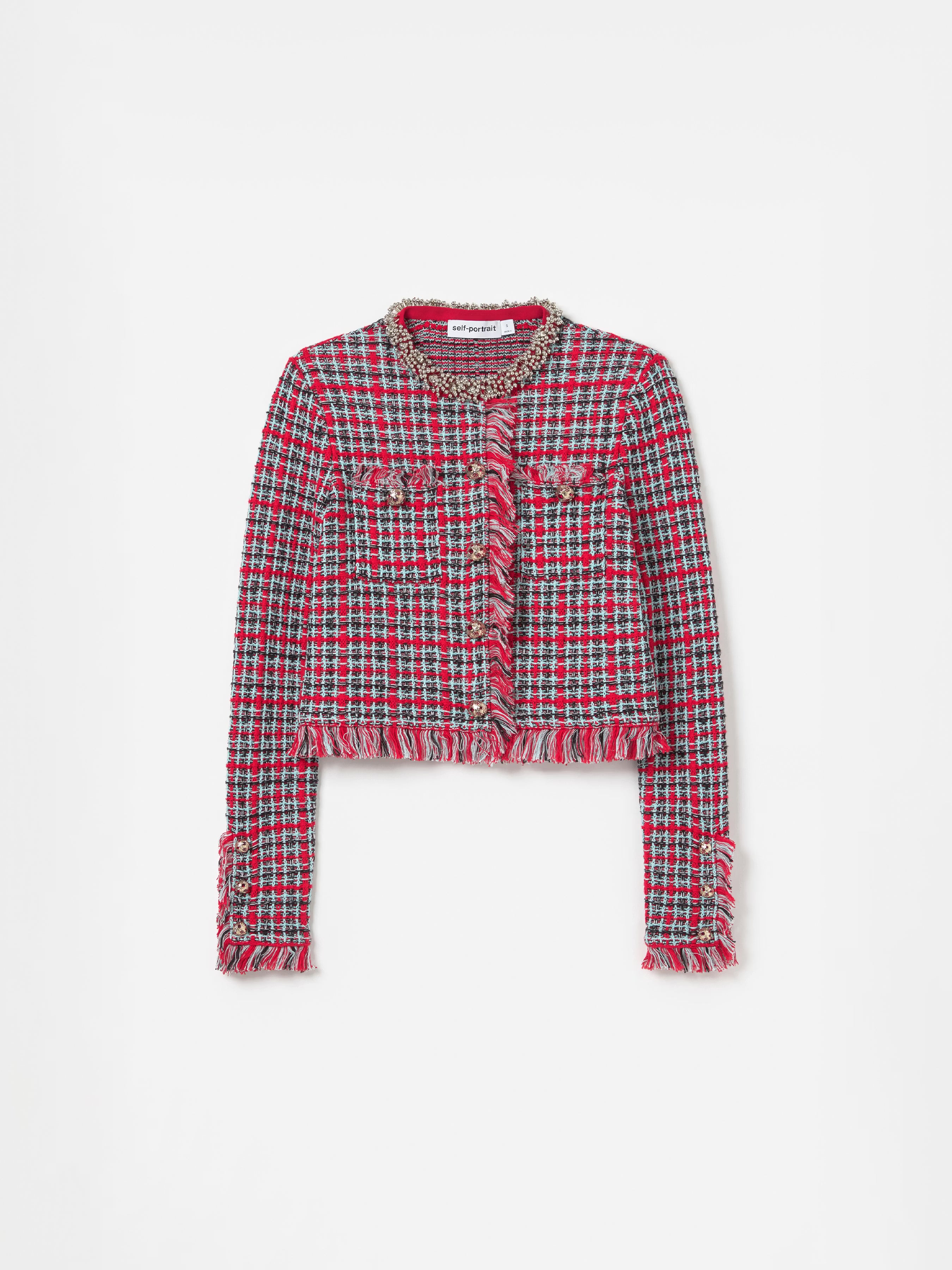 Red Check Frayed Knit Jacket