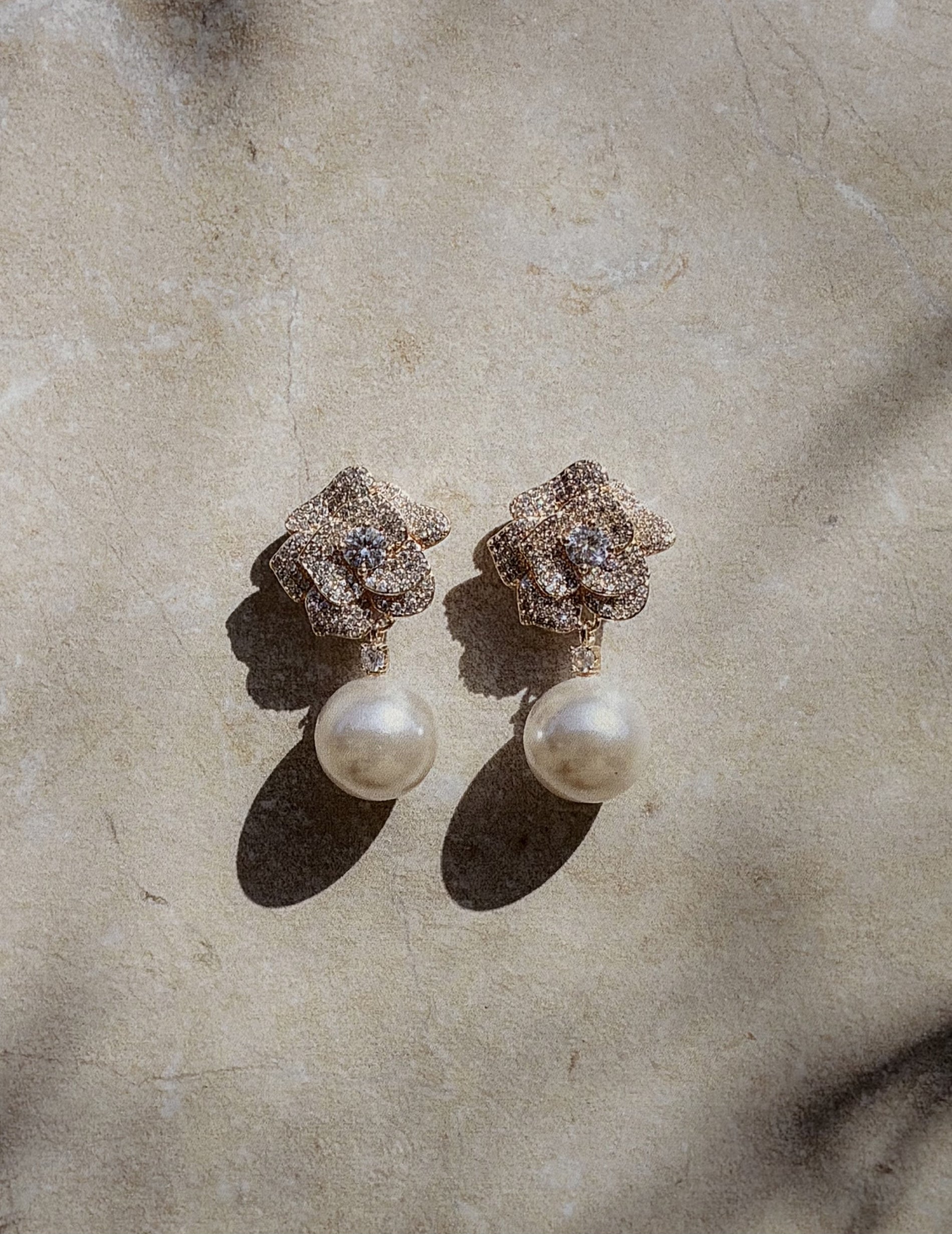 Mini Gold Crystal Flower Pearl Earrings