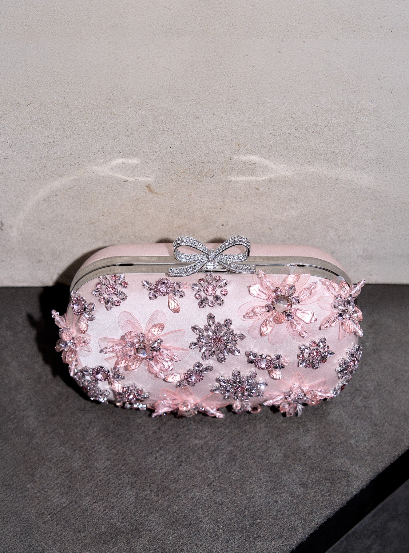 Pink Satin Floral Crystal Clutch