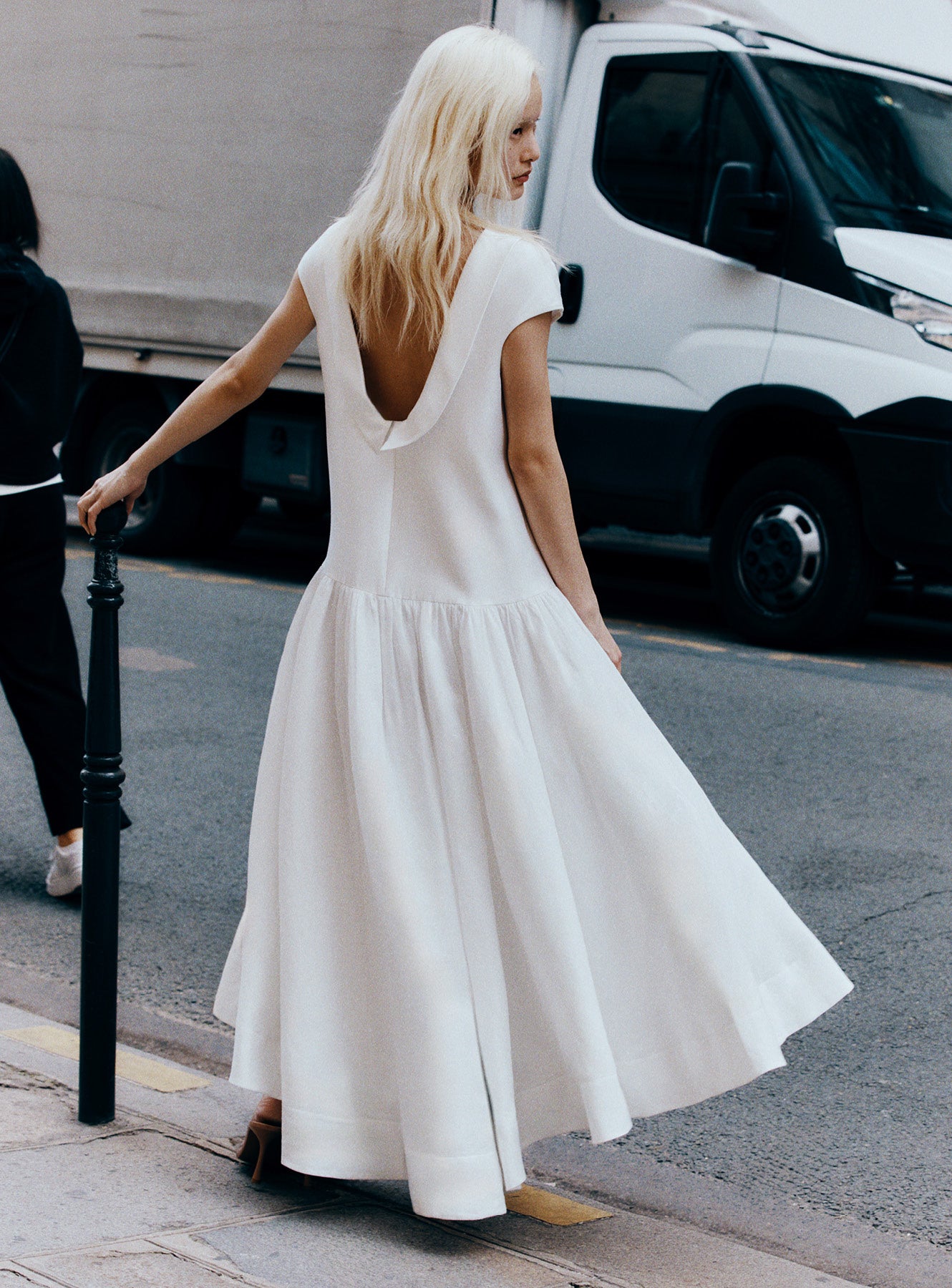 knee length dresses for ladies White Satin Ramie Midi Dress – self-portrait