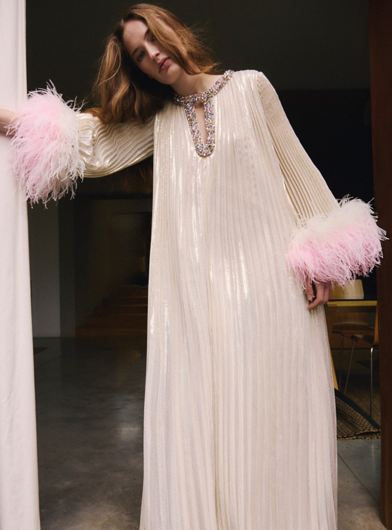 knee length dresses for ladies Self-Portrait Women's Metallic Plissé Feather-Trim Maxi Dress - Gold main image 0