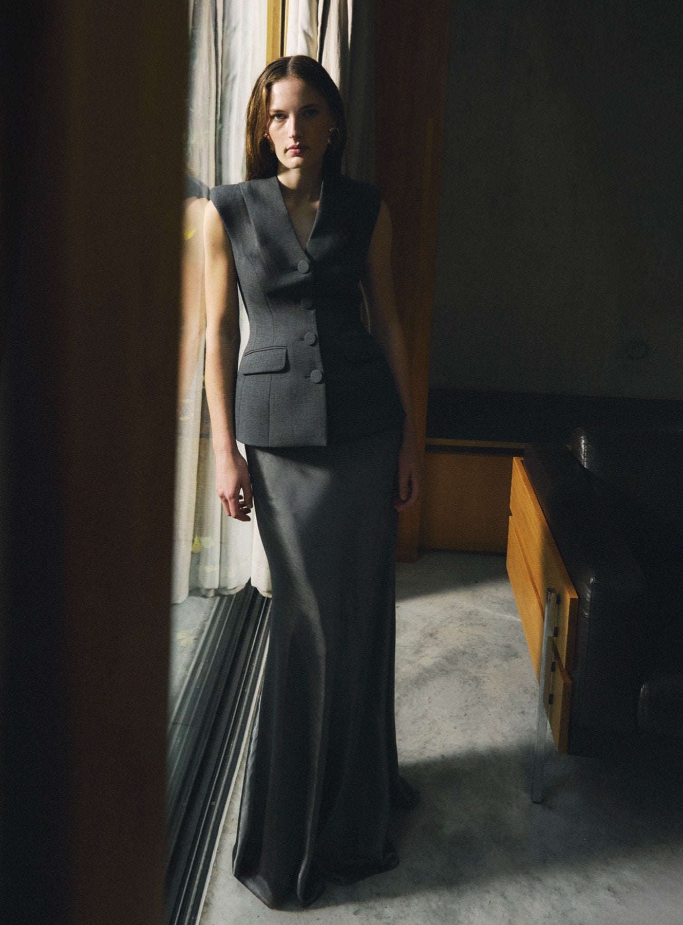 grey satin maxi dress Grey Tailored Satin Maxi Dress – self-portrait