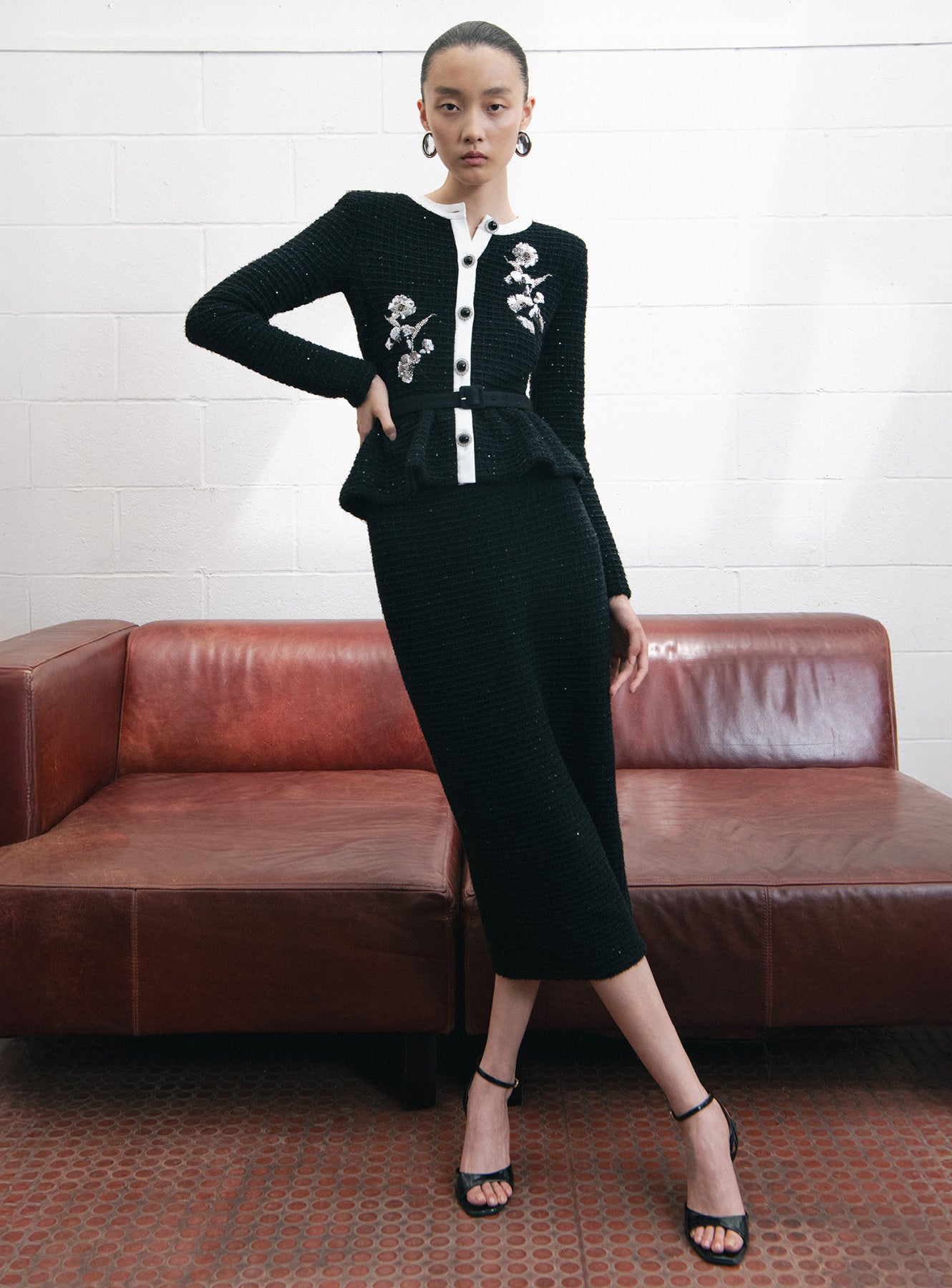 Black Floral Textured Knit Midi Dress