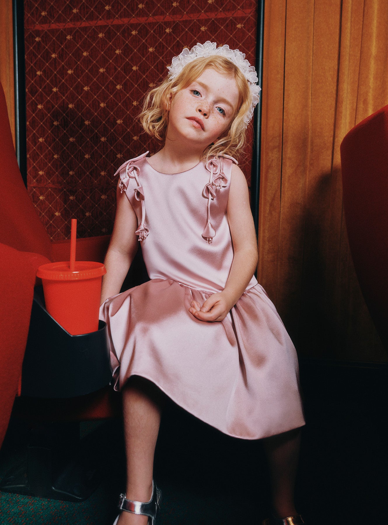 Pink Satin Sleeveless Flower Dress