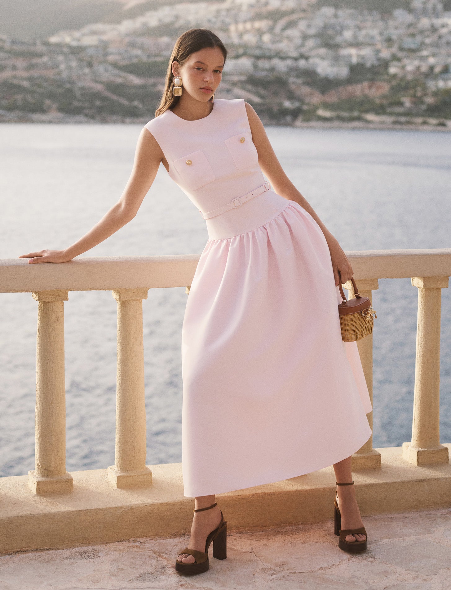 Pink Taffeta Belted Midi Dress – self-portrait