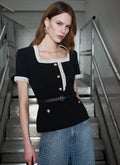 Black Crepe Contrast Frill Top