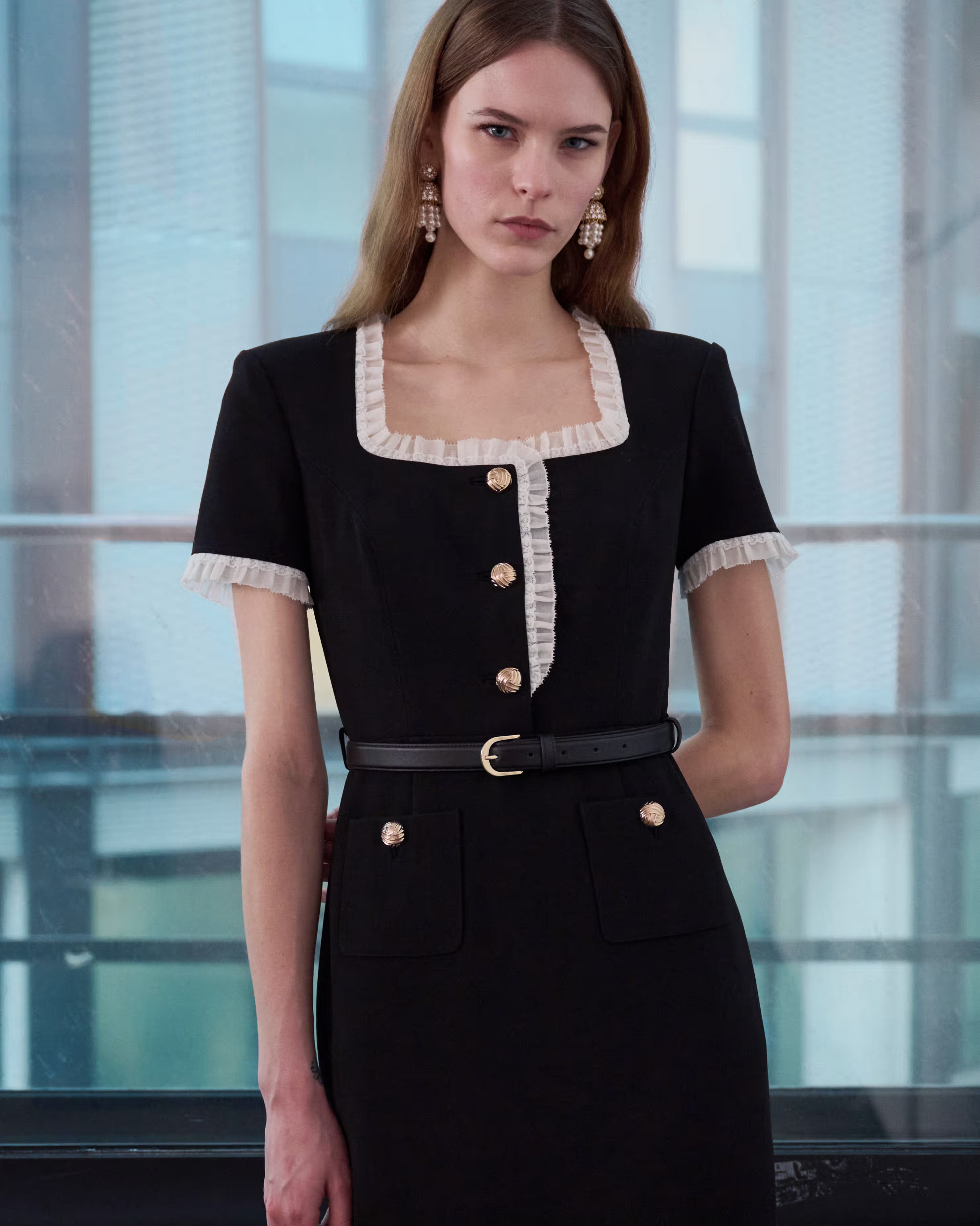 Black Crepe Contrast Frill Midi Dress