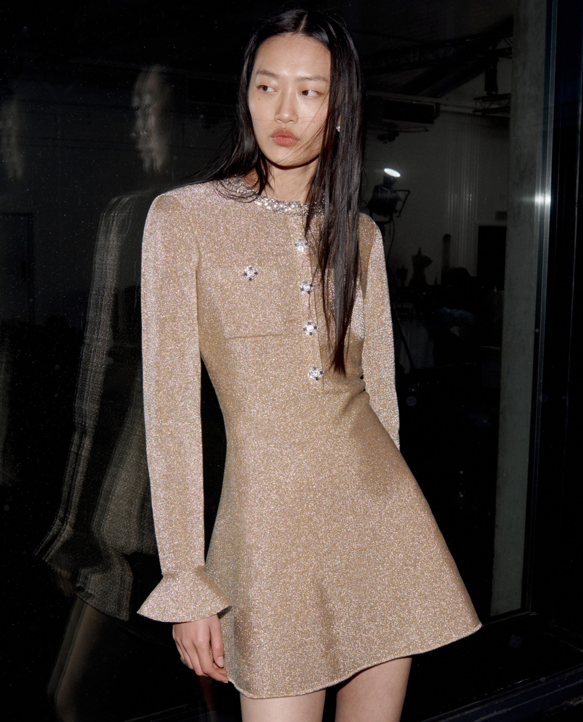 metallic knit dress gold Gold Crystal Trim Knit Mini Dress – self-portrait