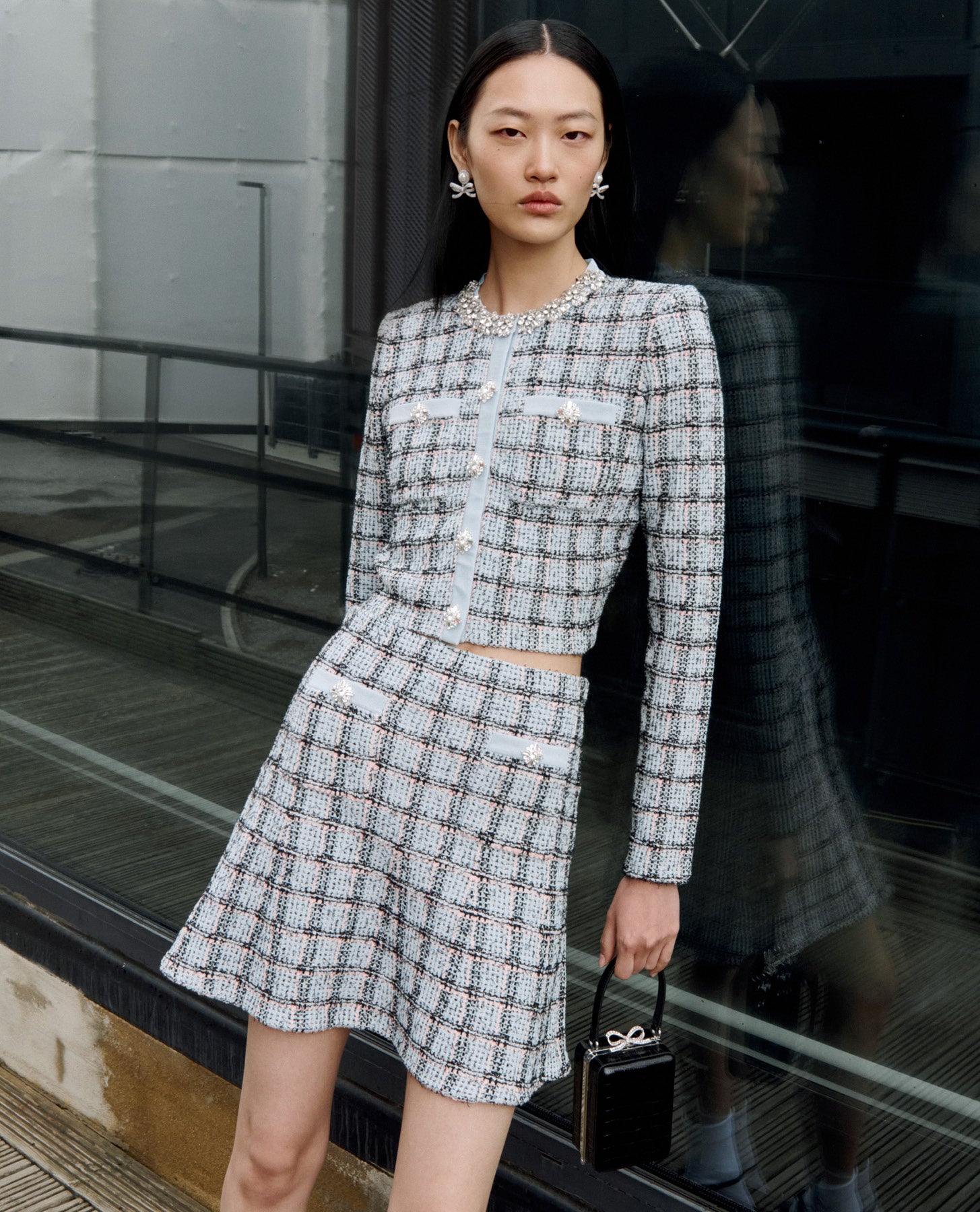 self portrait check wool mini dress Blue Check Knit Mini Dress – self-portrait