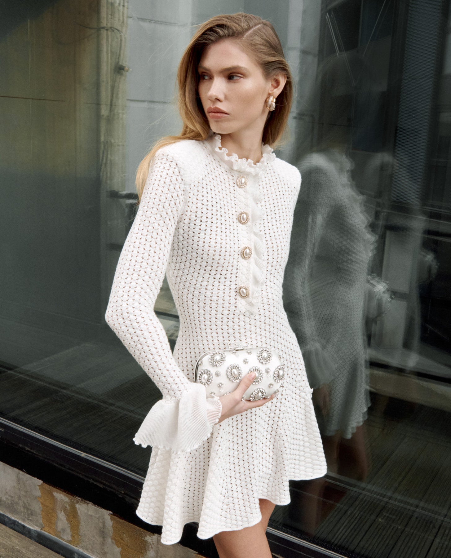 White Lace Collared Pointelle Knit Mini Dress self-portrait White Lace Collared Pointelle Knit Mini Dress self-portrait