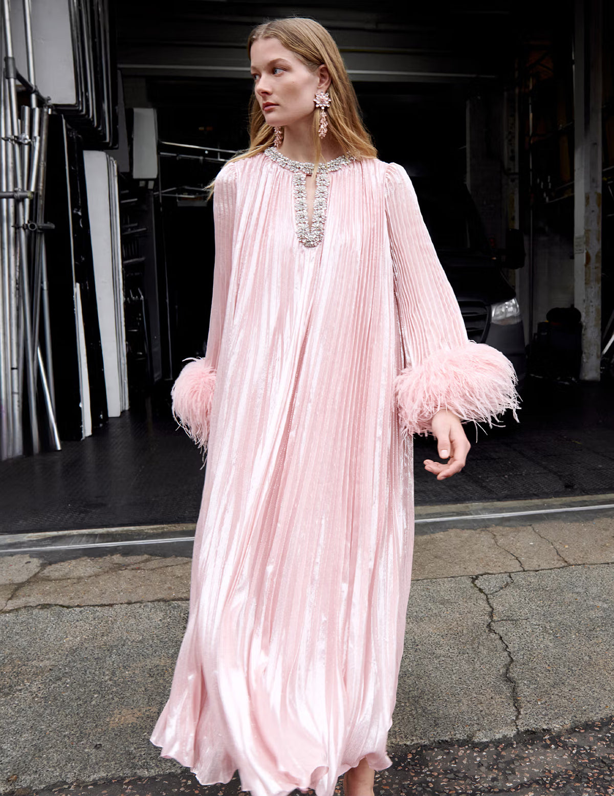 Pink Metallic Chiffon Feather Midi Dress – self-portrait
