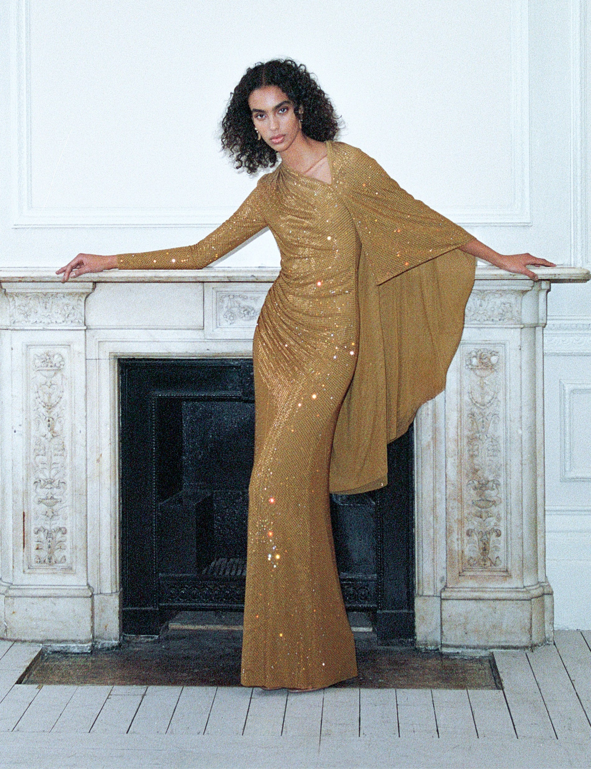 Gold Rhinestone Drape Maxi Dress