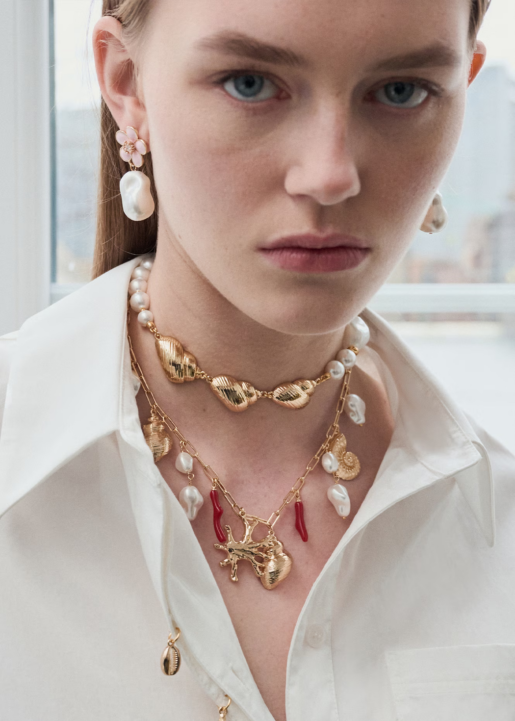 Gold Shell And Pearl Necklace