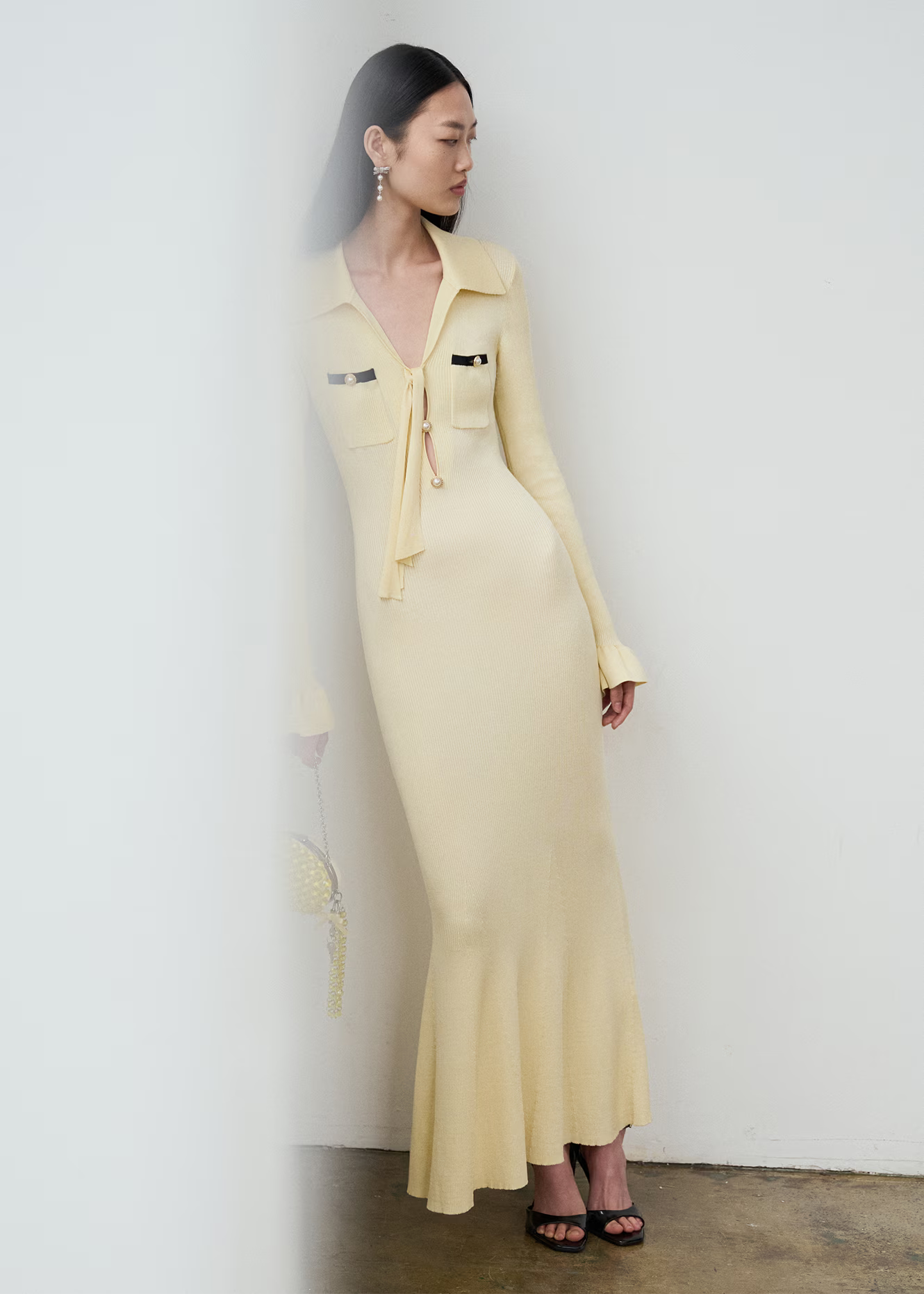 Yellow Viscose Knit Tie Midi Dress  self-portrait