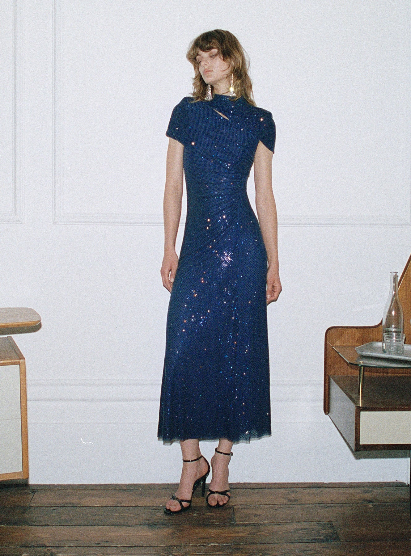 Navy Rhinestone Mesh Cut Out Midi Dress