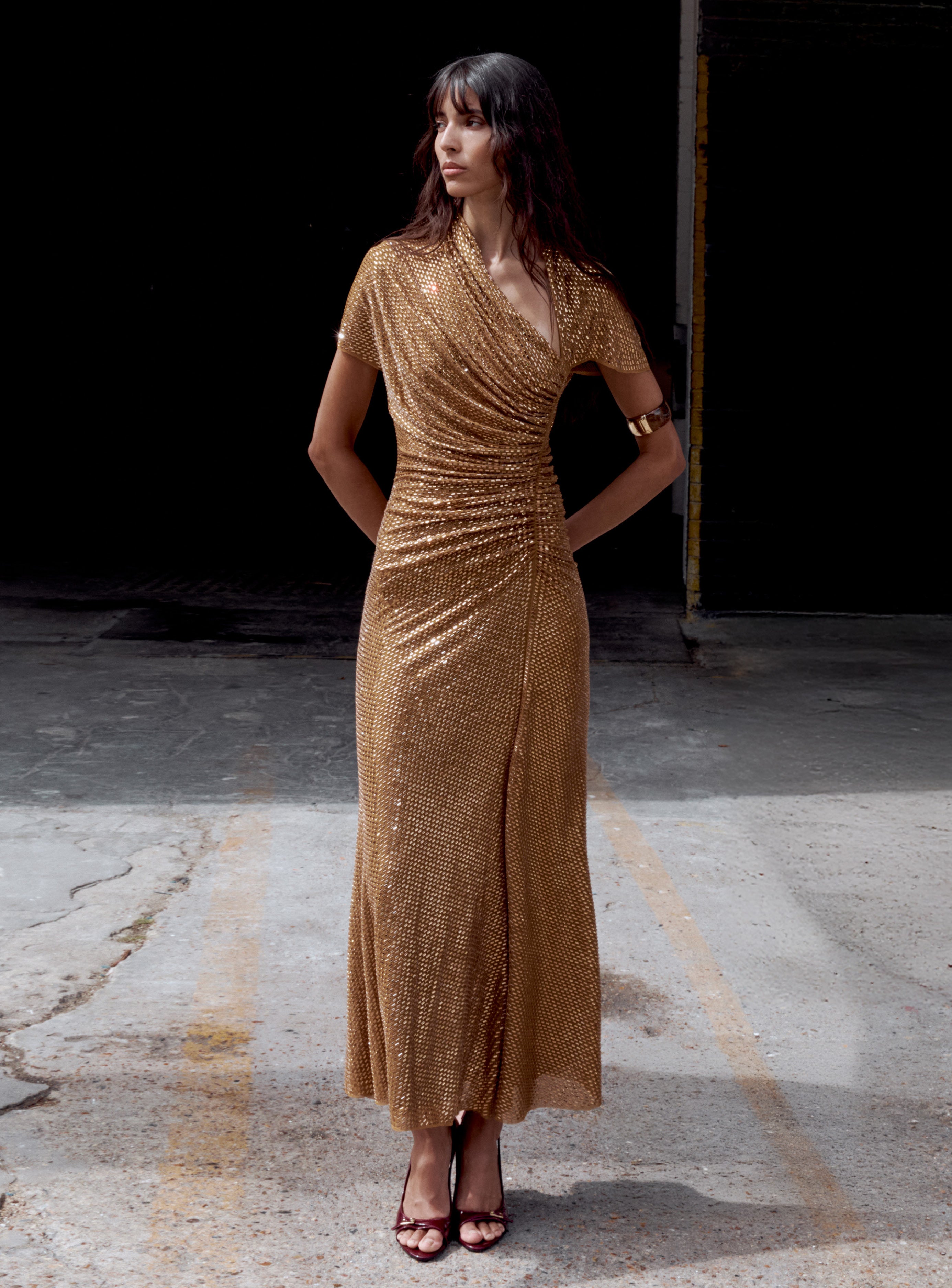 Gold Rhinestone Drape Midi Dress self-portrait Gold Rhinestone Drape Midi Dress self-portrait