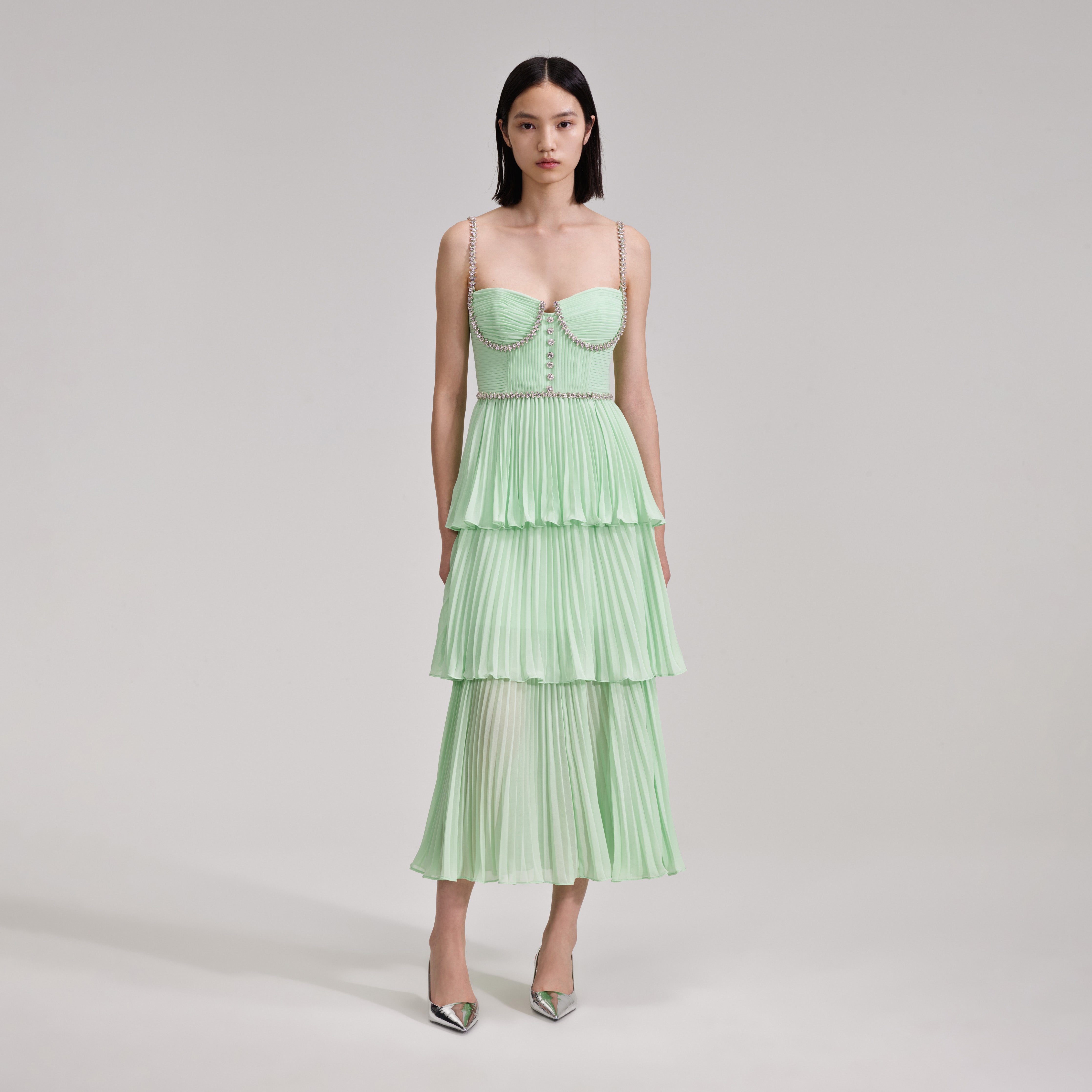 Green Tiered Diamante Chiffon Midi Dress – self-portrait