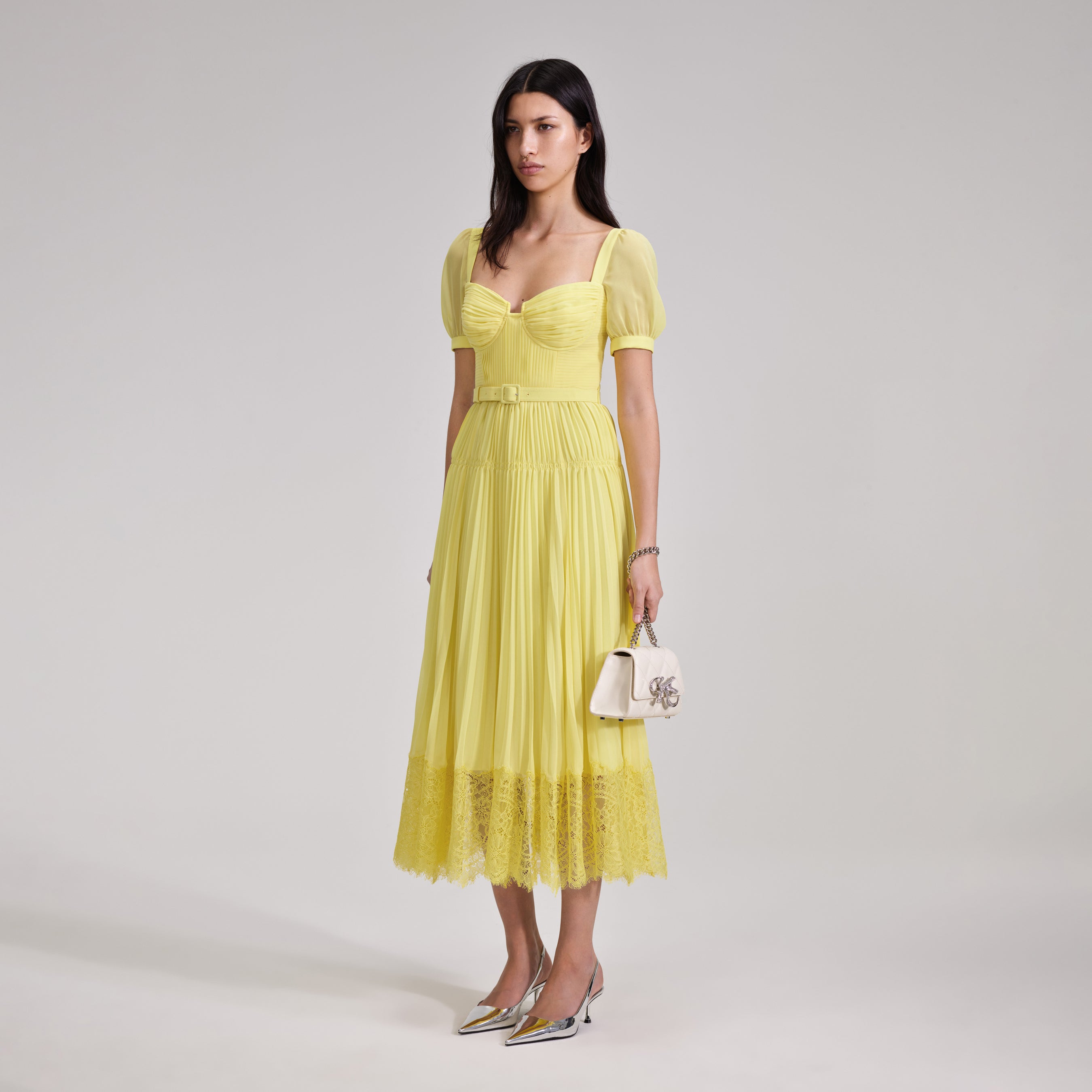 Yellow Chiffon Lace Detail Midi Dress – self-portrait